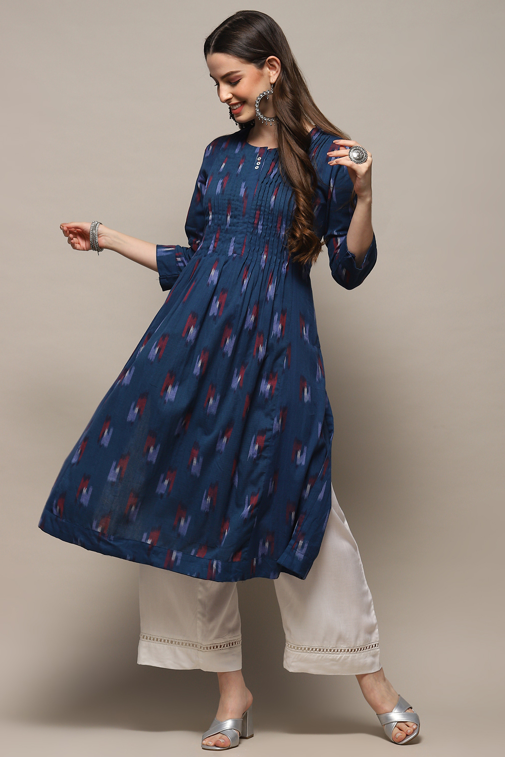 Navy Blue Cotton Printed Yard-Dyed Straight Kurta image number 0