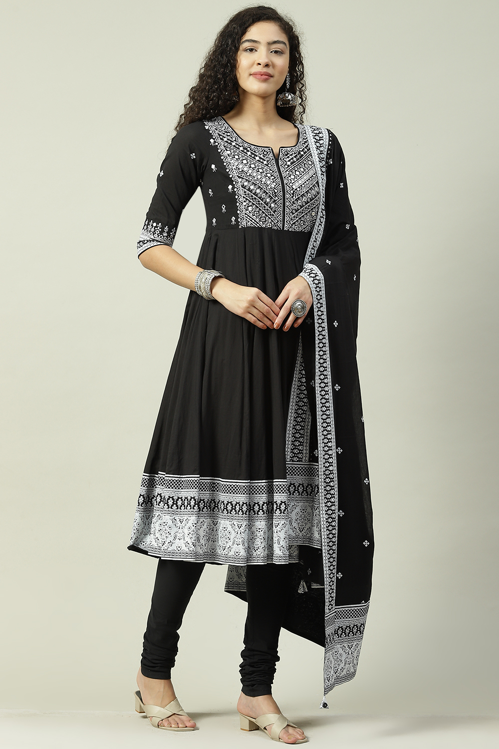 Black Cotton Anarkali Kurta Churidar Suit Set image number 6