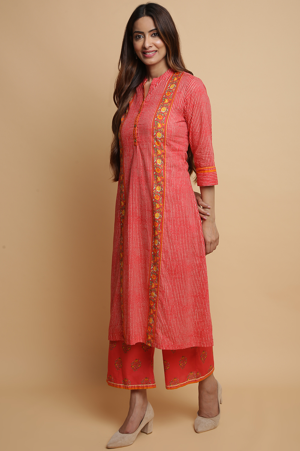 Coral Cotton A-Line Kurta Palazzo Suit Set image number 4