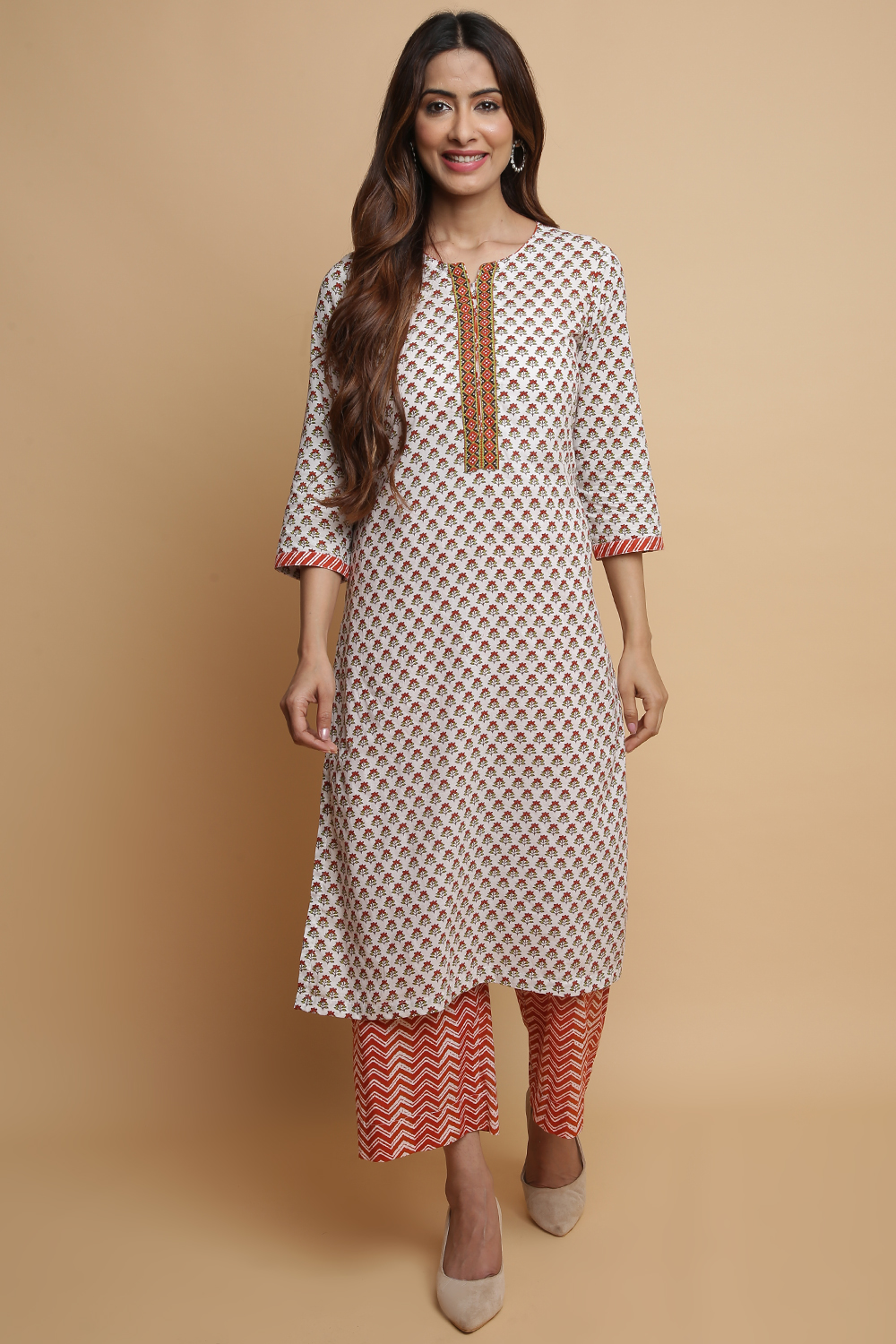 Red Cotton Straight Kurta Palazzo Suit Set image number 0