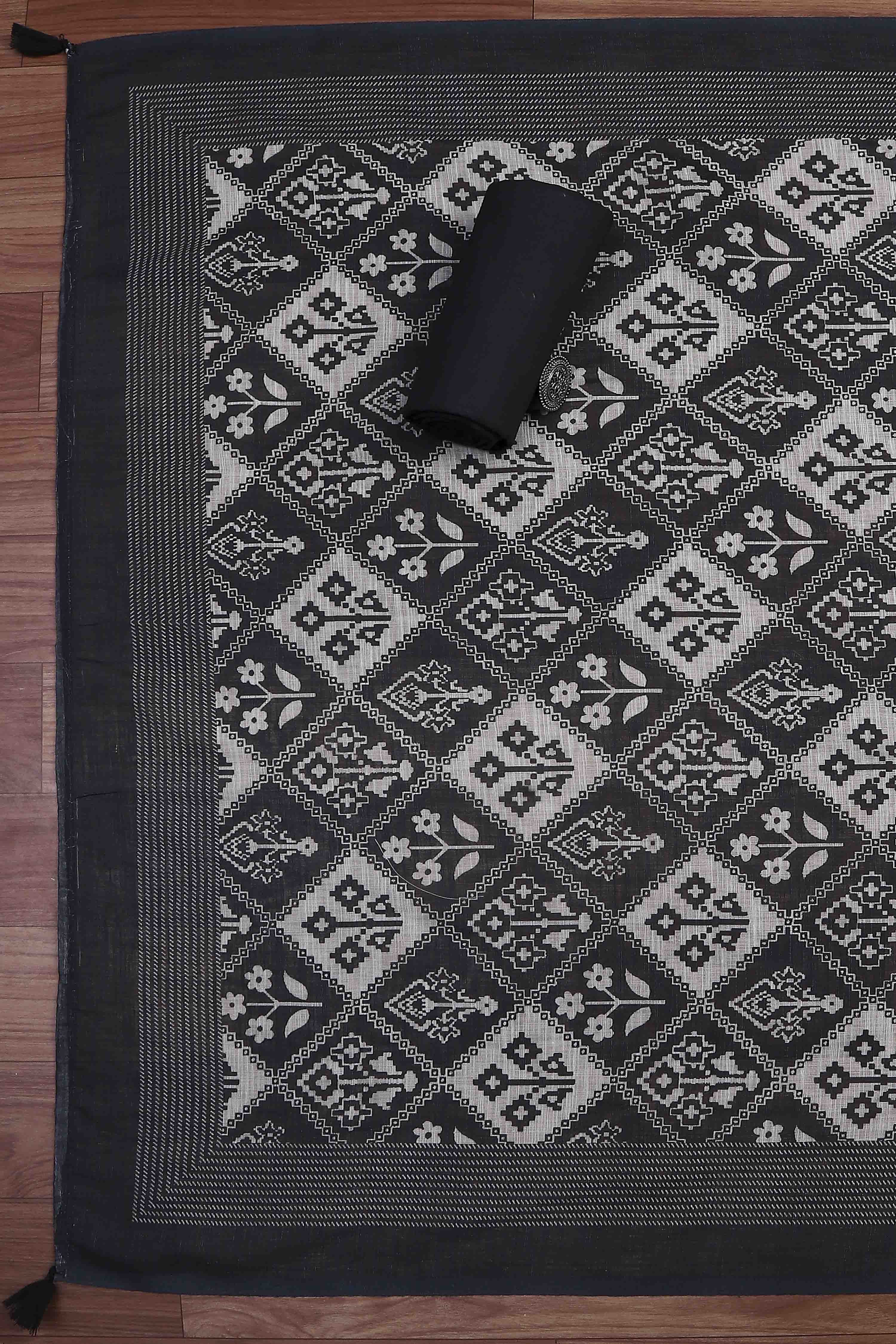 Blue Linen Royal-Ikkat  Buti Print Unstitched Suit Set image number 3