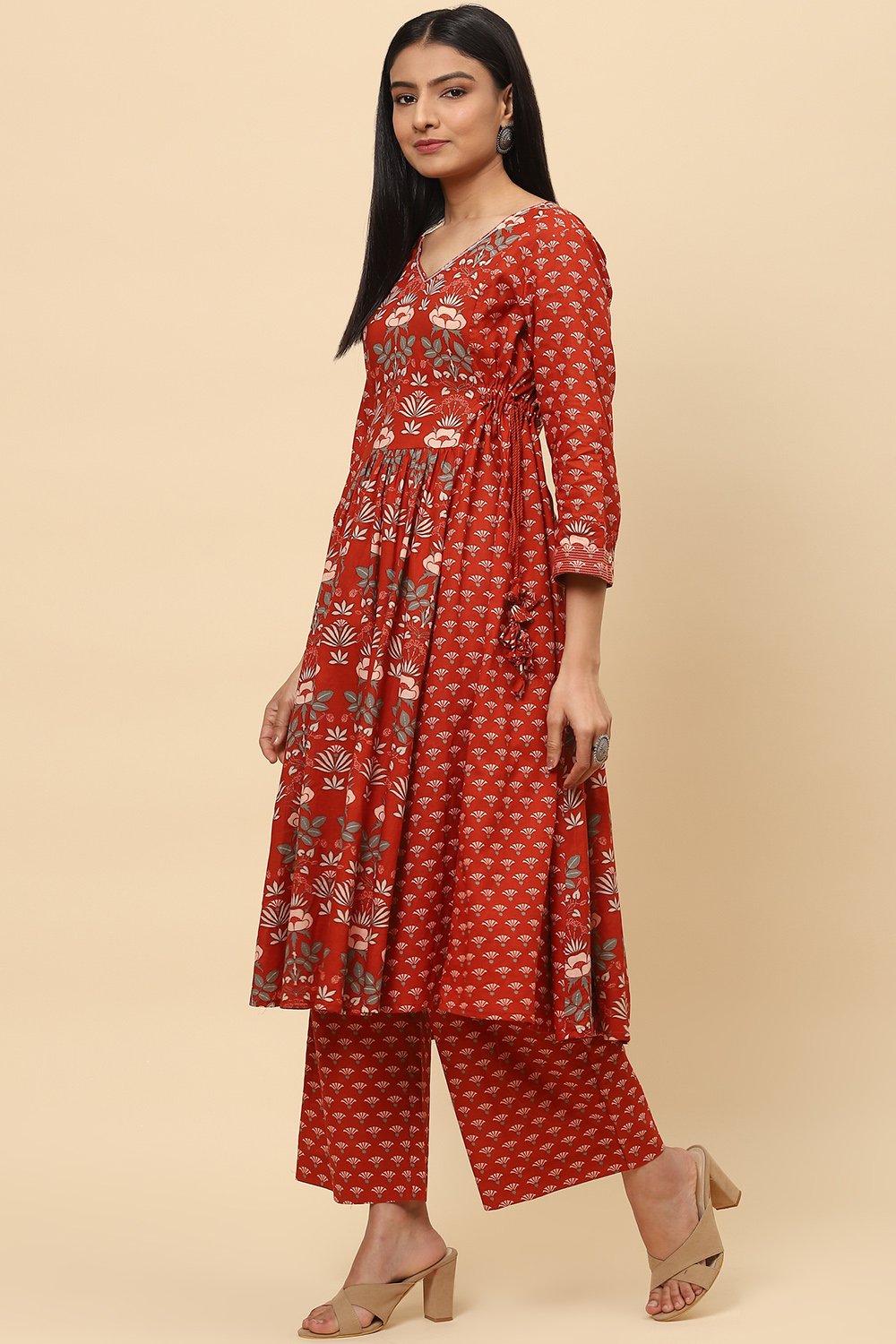 Rust Cotton Flared Kurta Set image number 3