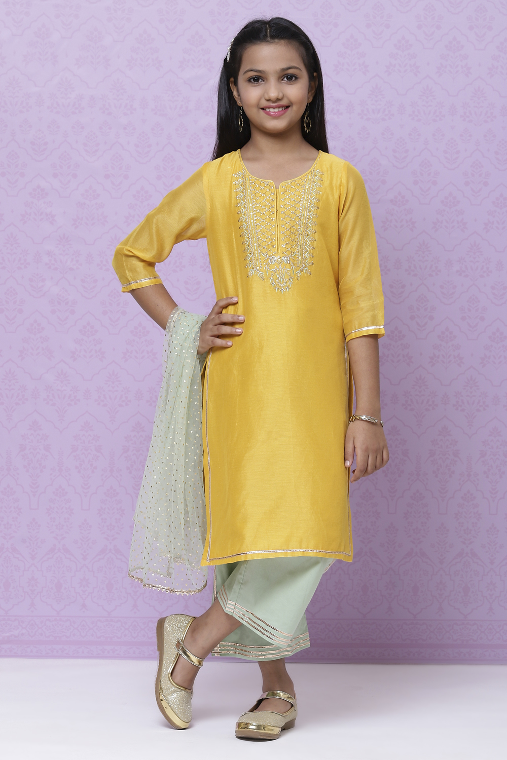 Yellow And Green Poly Cotton Girls Straight Straight Kurta Palazzo Suit Set image number 0