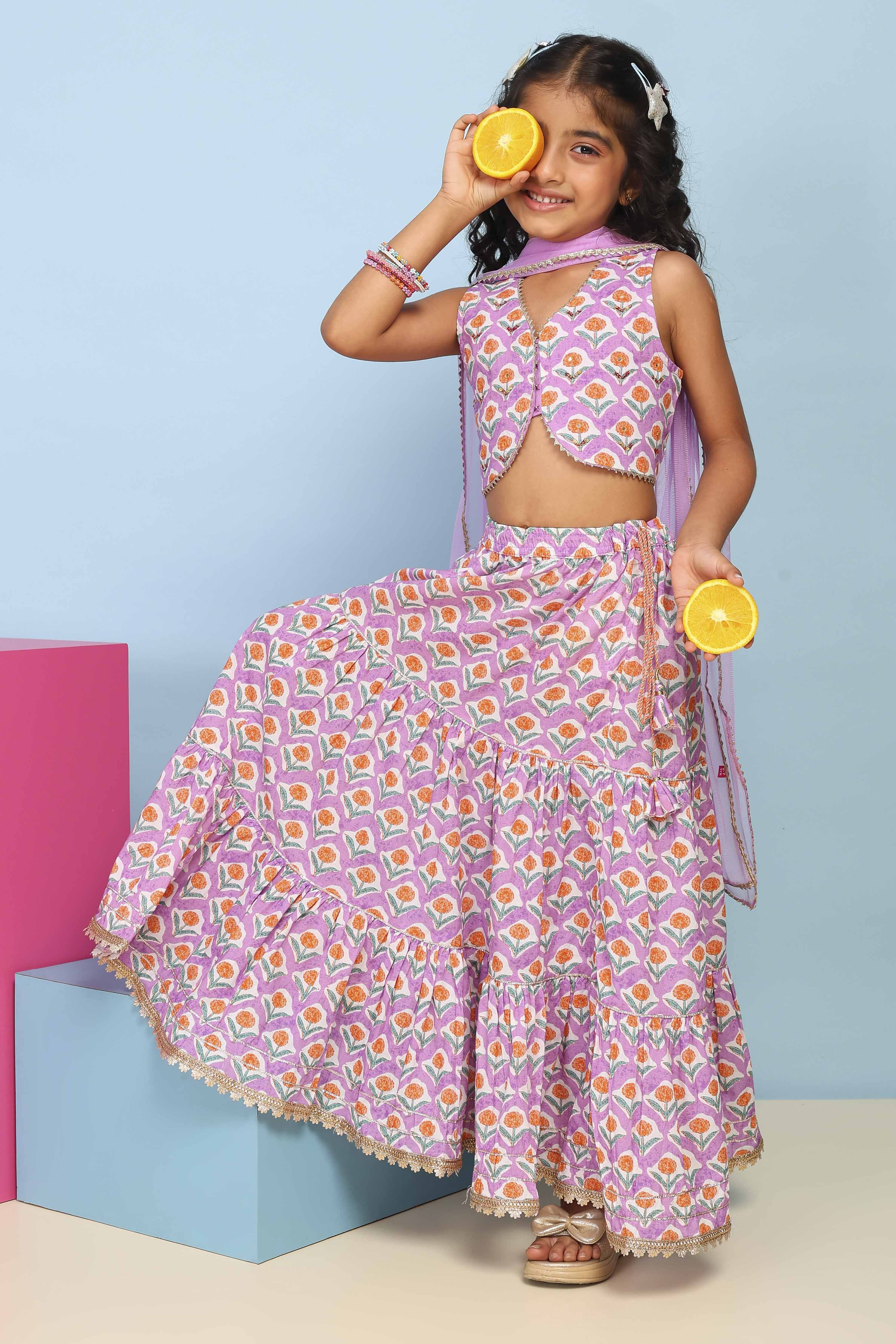 Lilac Cotton Printed Straight Lehenga Set image number 0