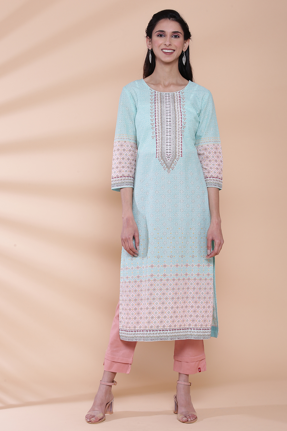 Mint Cotton Straight Printed Kurta image number 0