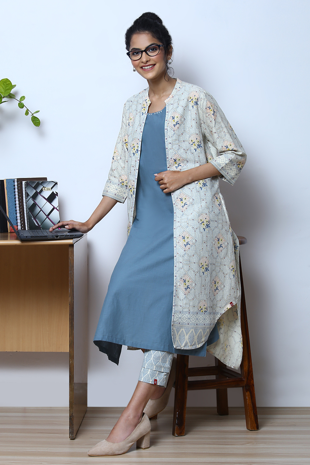 Blue Cotton Open Front Kurta image number 0