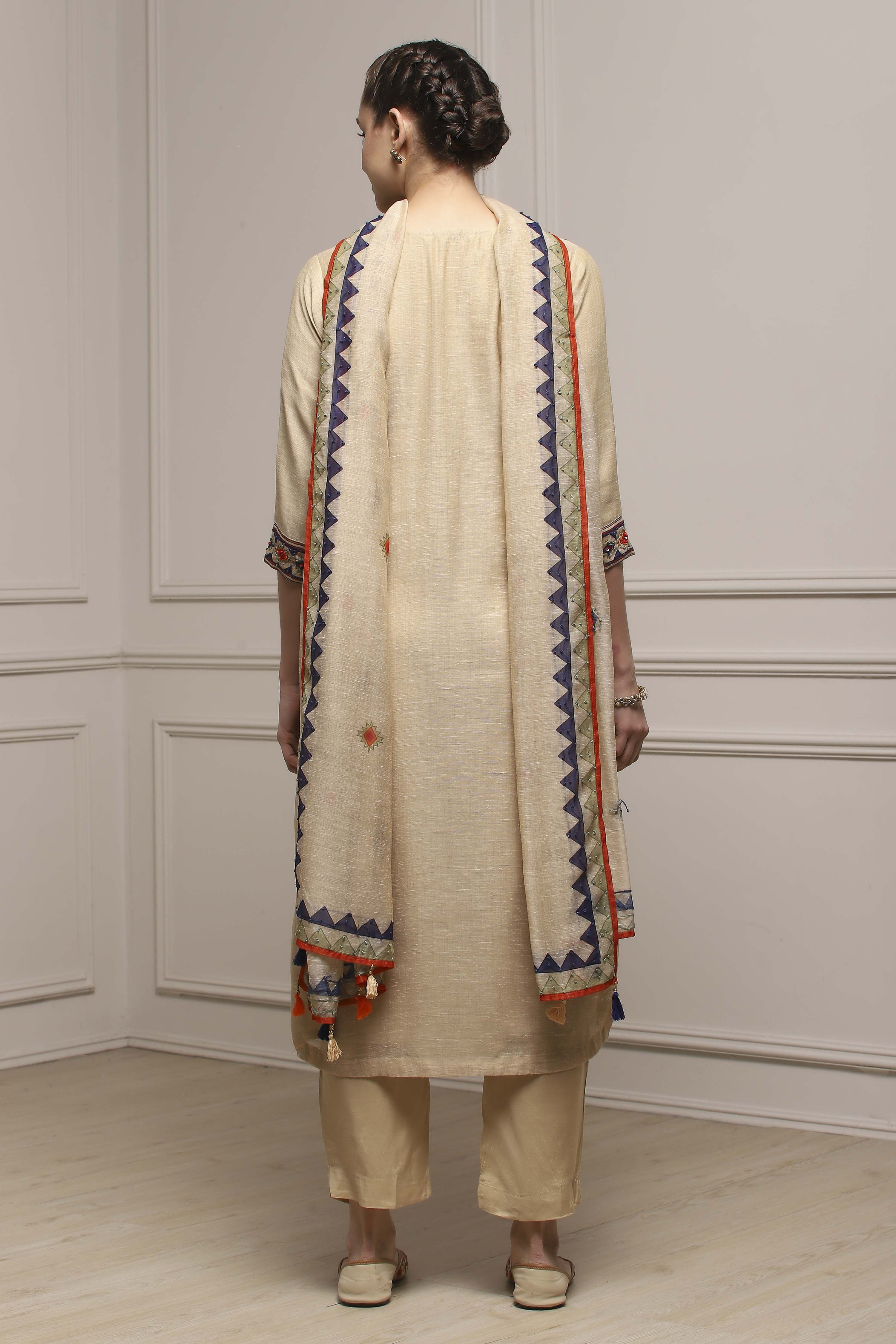 Beige Linen Blend Hand Painted Unstitched Suit Set image number 5