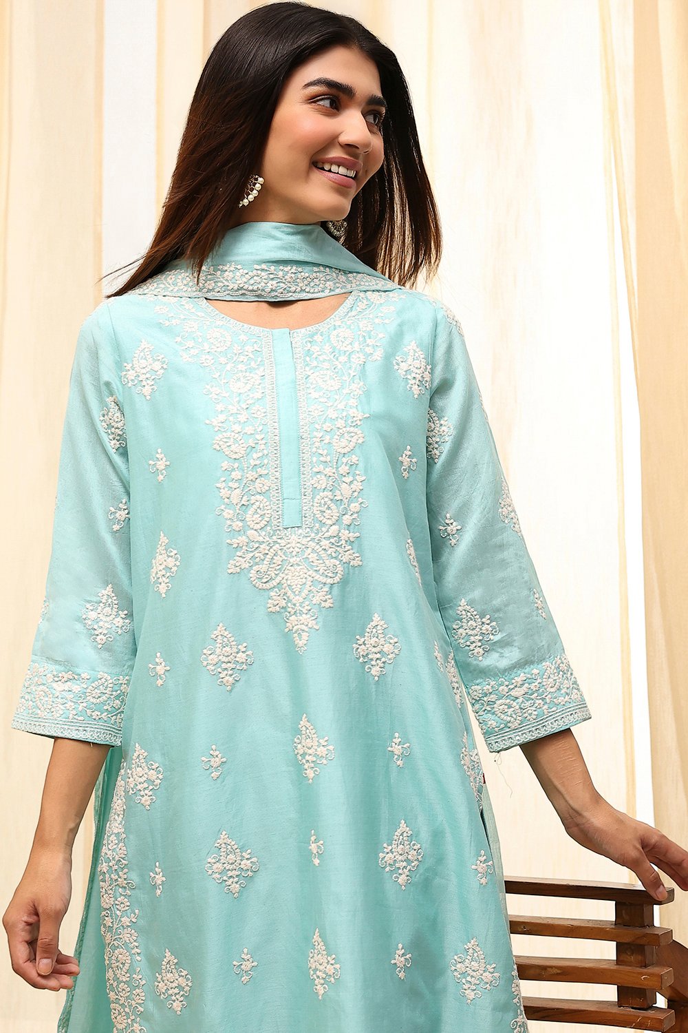 Aqua Cotton Silk Embroidered Straight Suit Set image number 1