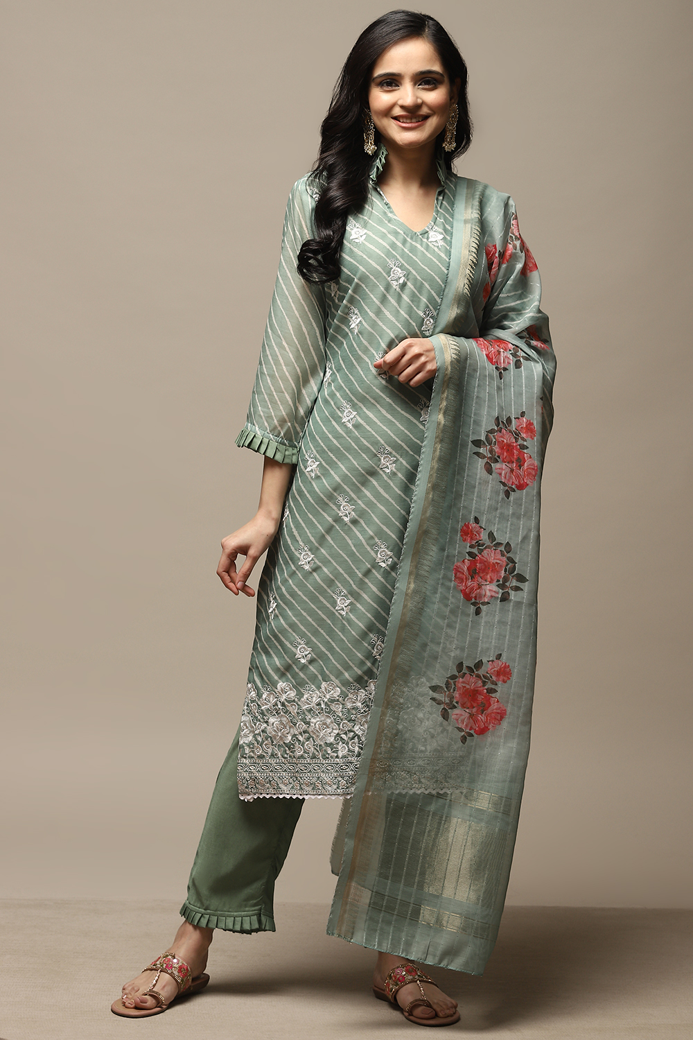 Green Cotton Digital Print Unstitched Suit Set image number 2