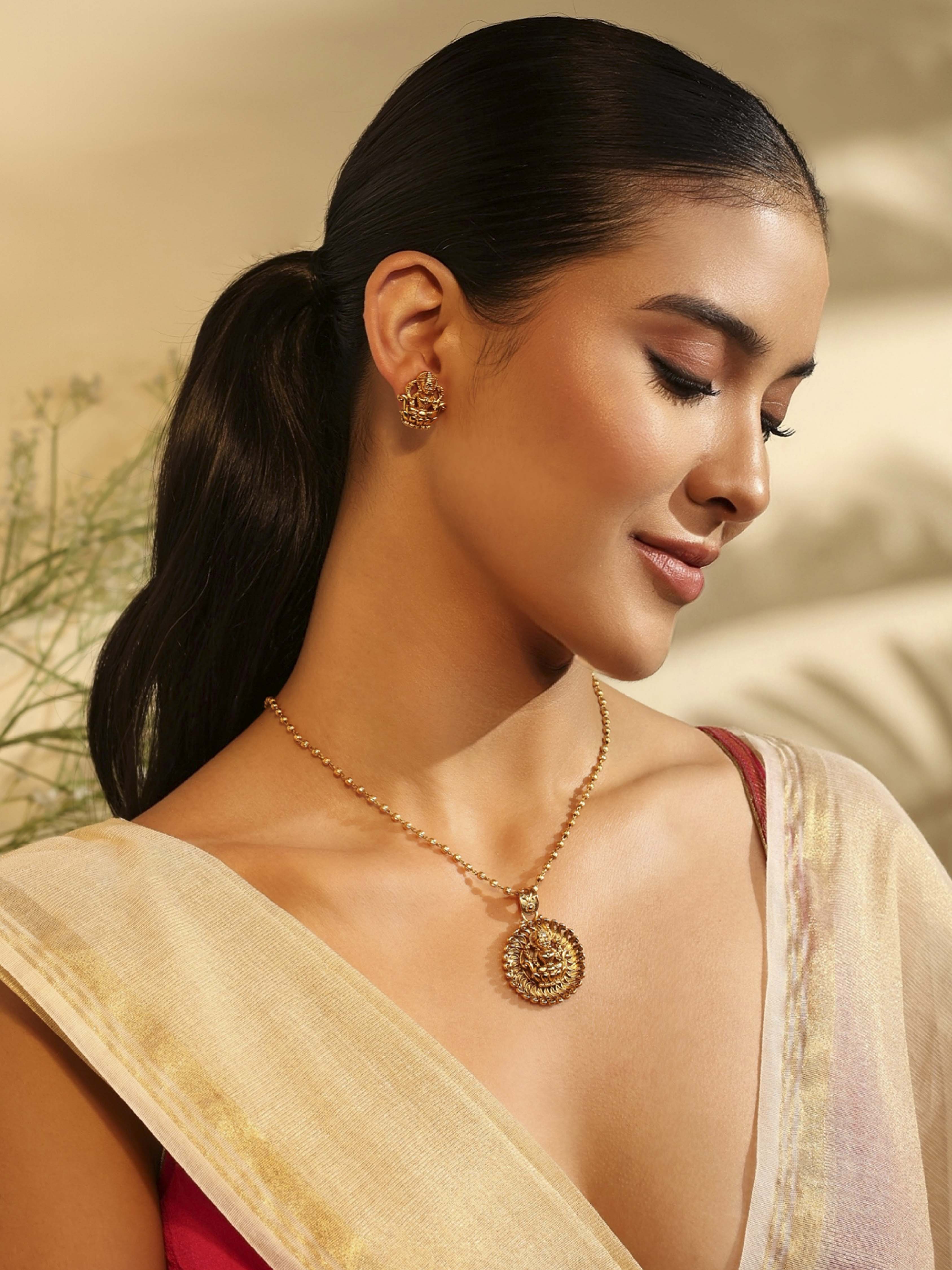 Gold Plated Brass Pendant Temple Necklace Set image number 1