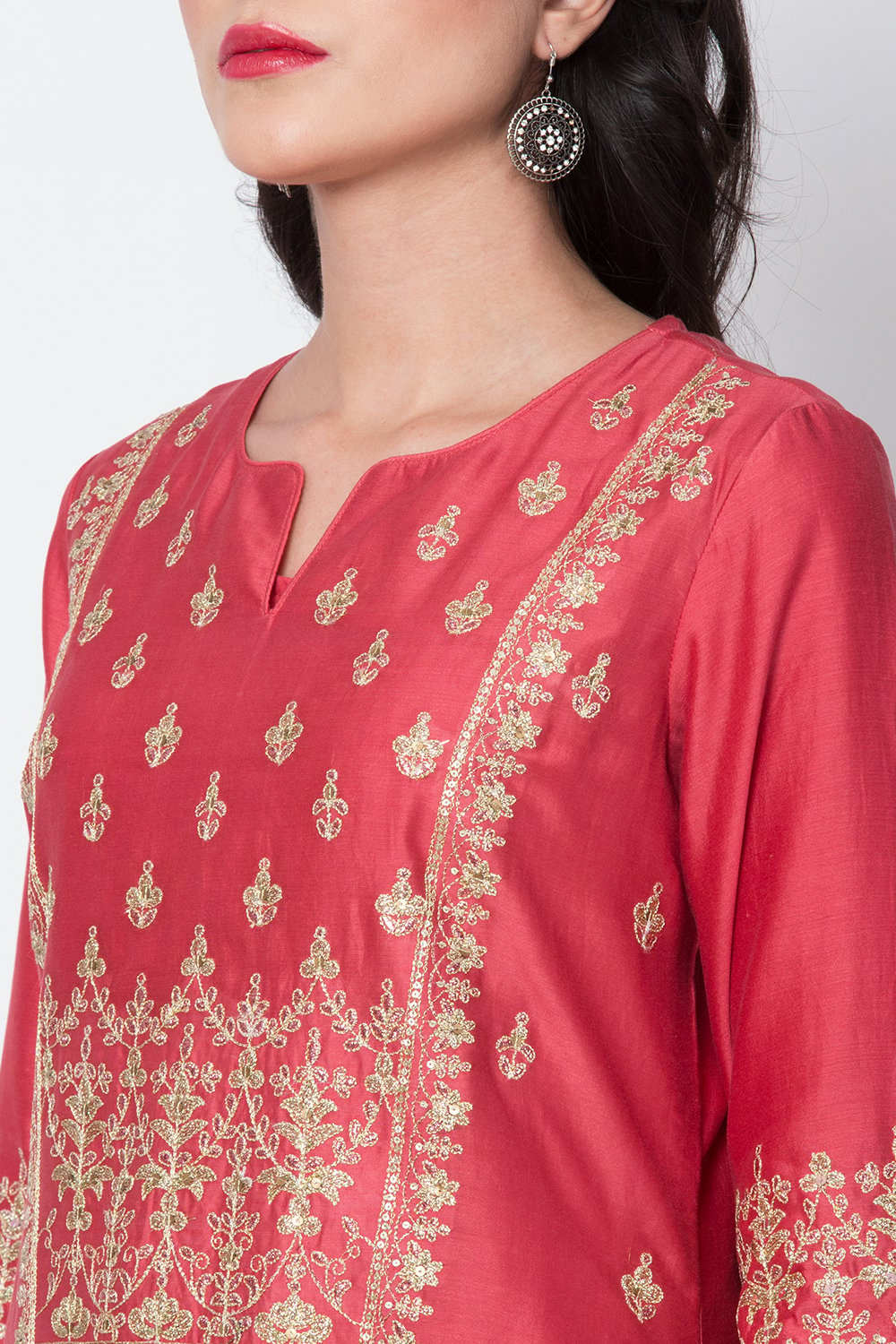 Coral Cotton Blend Flared Kurta Churidar Suit Set image number 1