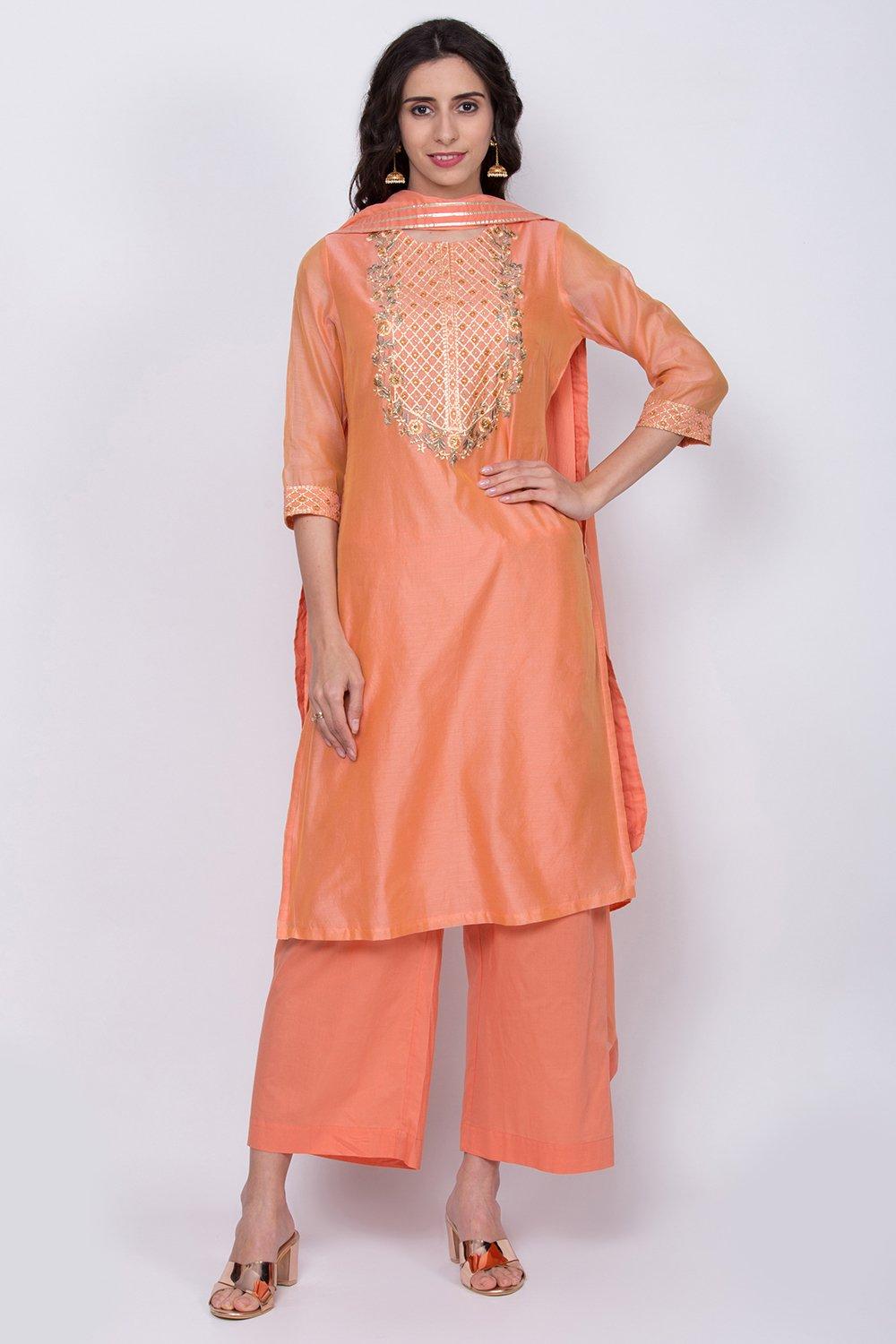 Orange Straight Kurta Palazzo Suit Set image number 2