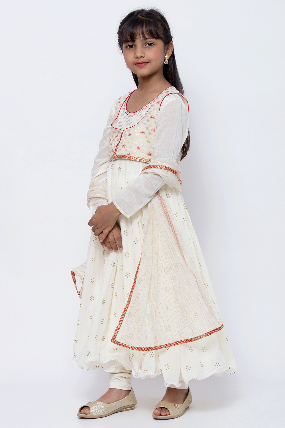 Off White Cotton Straight Kurta Churidar Suit Set image number 3