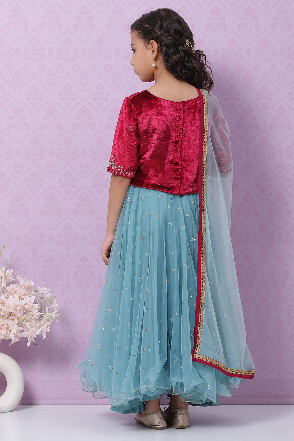 Maroon & Teal Viscose Straight Kurta Lehenga Suit Set image number 3