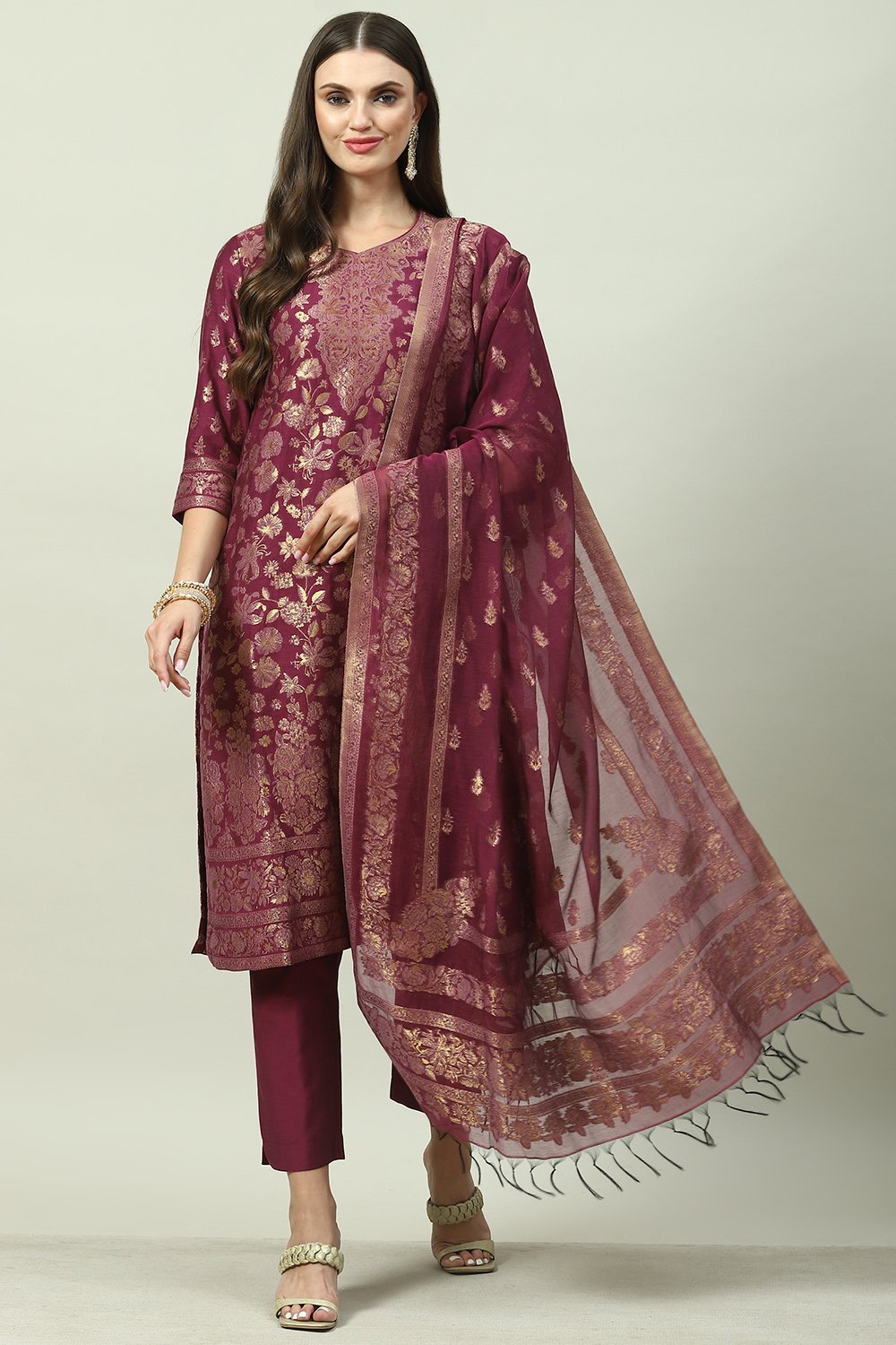 Plum Art Silk Straight Kurta Slim Pants Suit Set image number 0