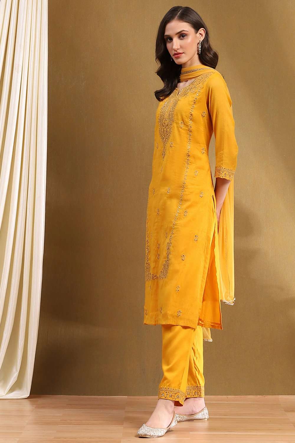 Yellow Embroidered Festive Straight Suit Set image number 3