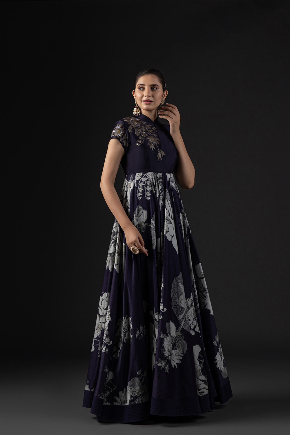 Rohit Bal Navy Cotton Silk Anarkali Printed Suit Set image number 9