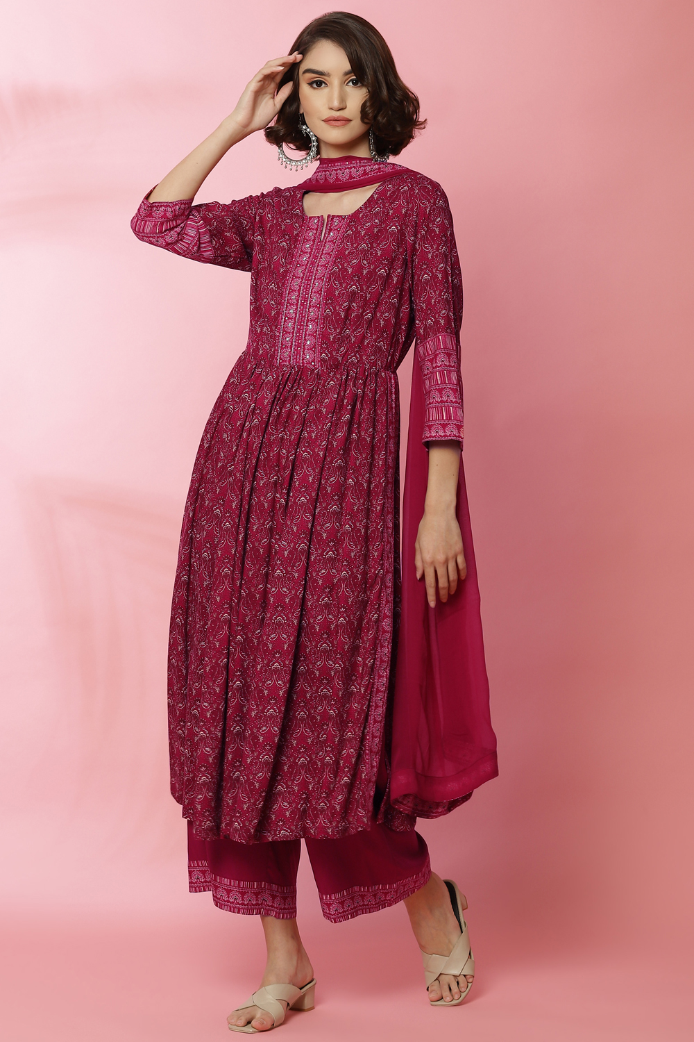 Magenta Rayon Flared Kurta Palazzo Suit Set image number 6