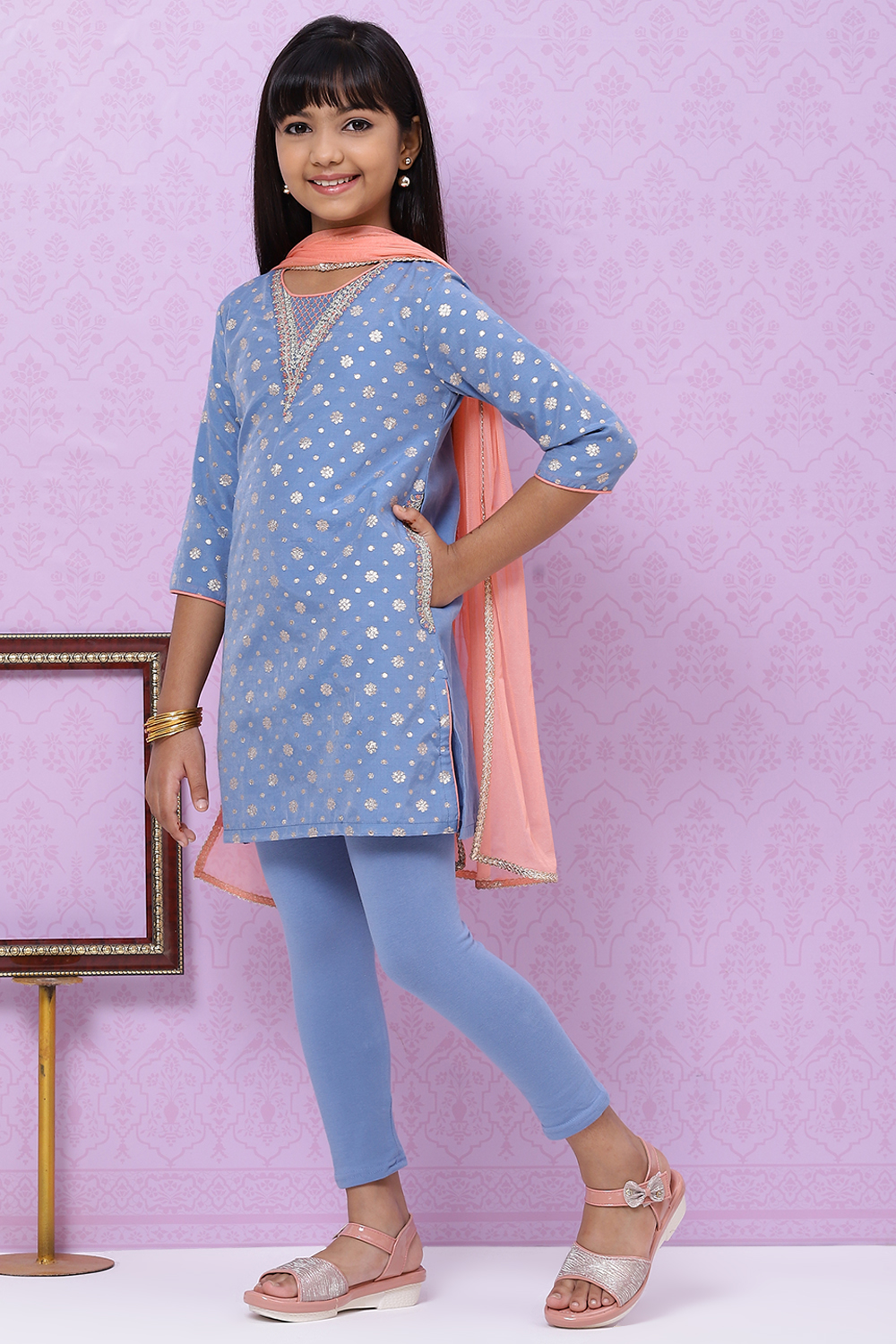 Blue Poly Metallic Cotton Girls Straight Kurta Legging Suit Set image number 4