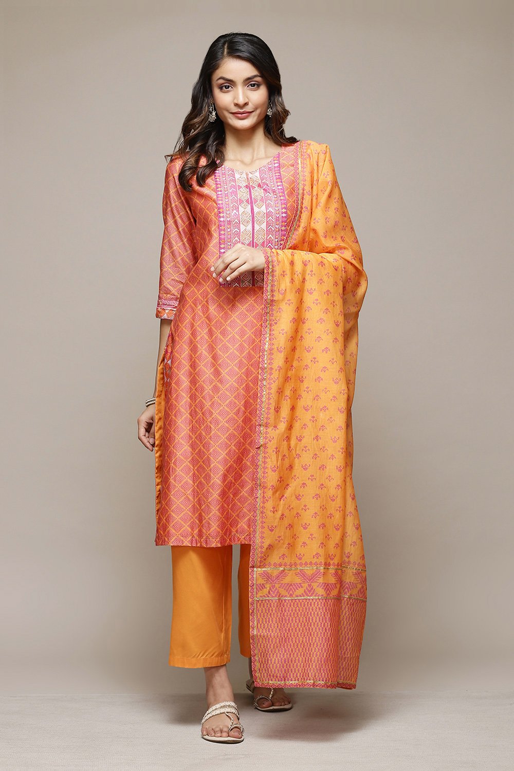 Orange Cotton Blend Straight Kurta Palazzo Suit Set image number 7