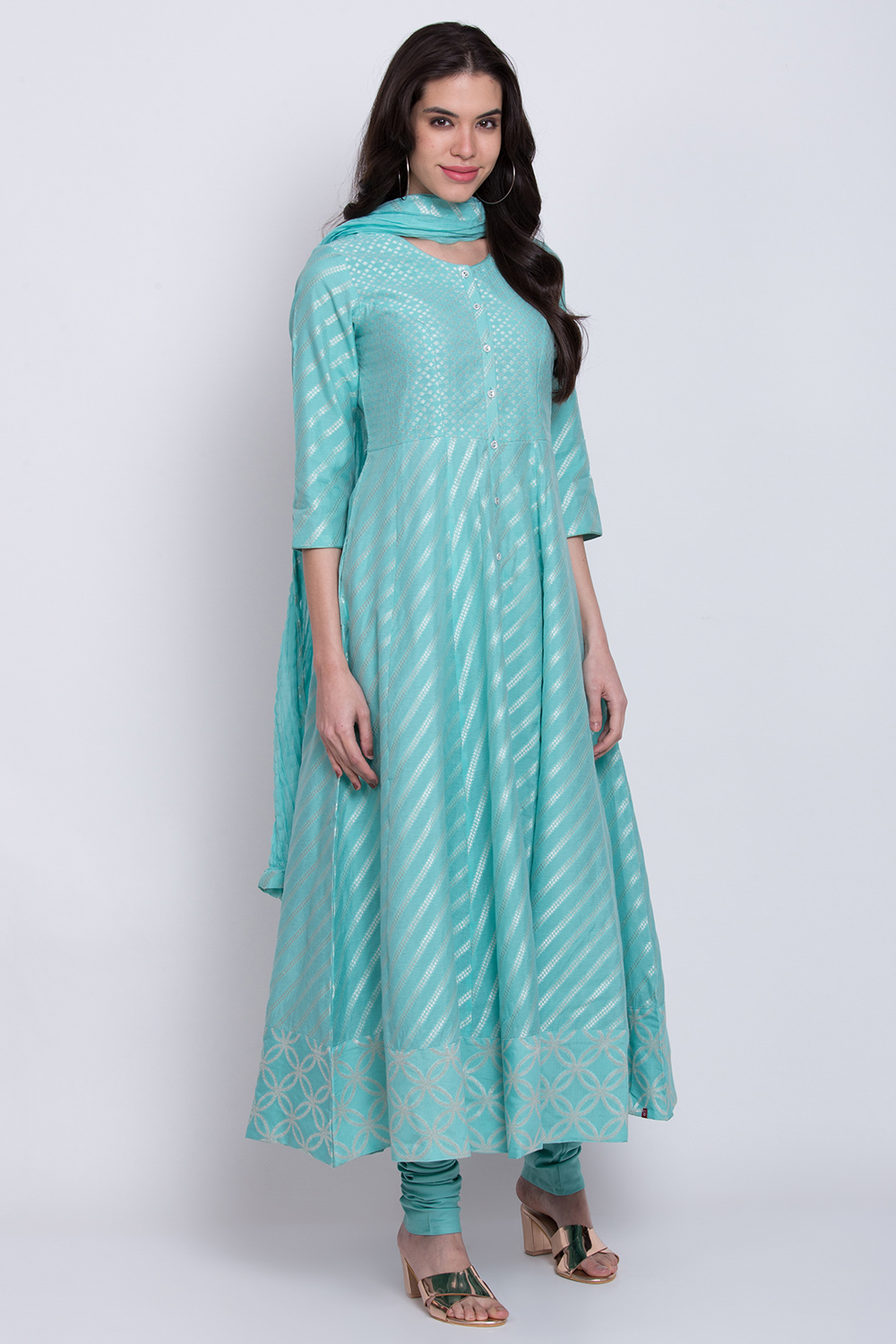 Sky Blue Poly Cotton Anarkali Kurta Churidar Suit Set image number 3