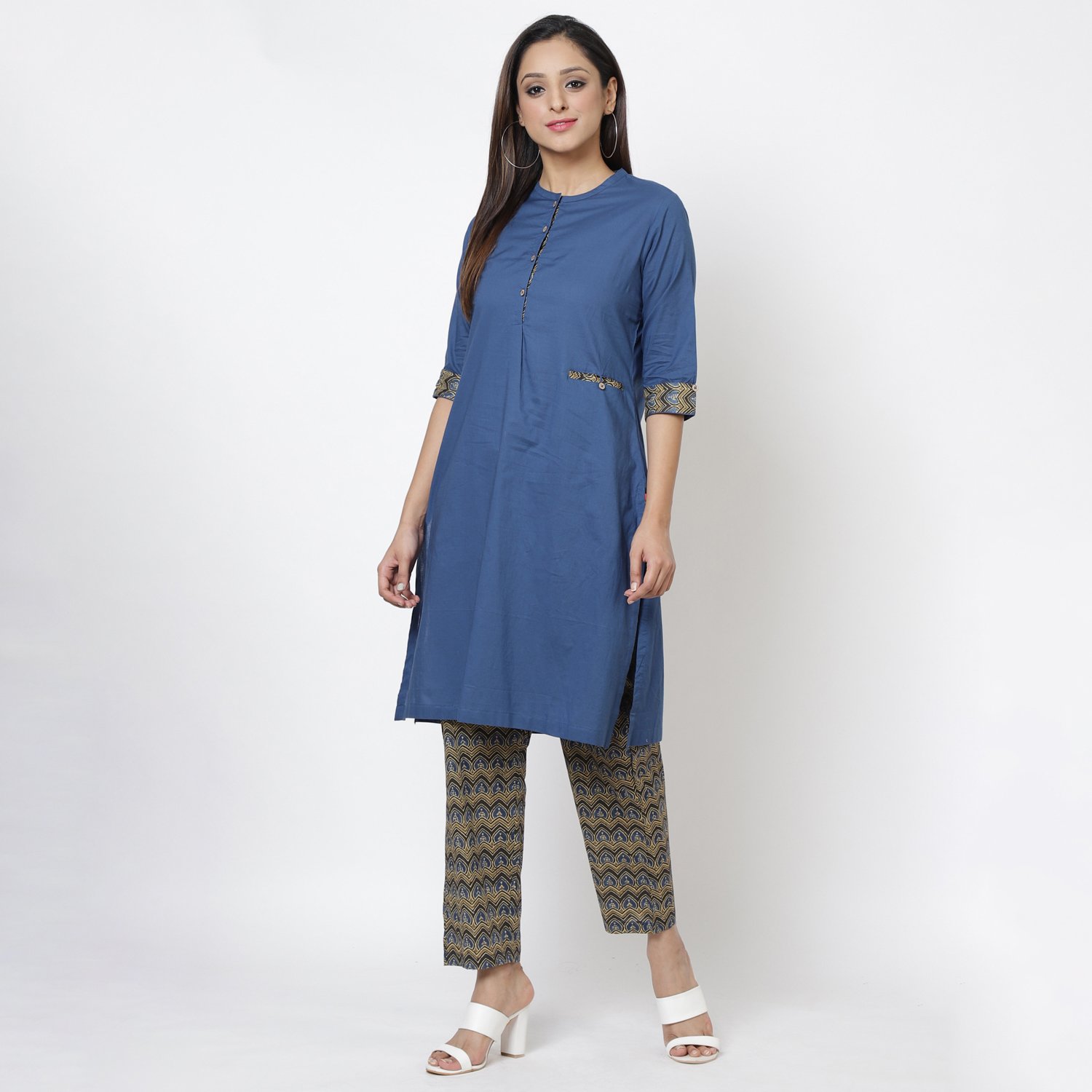 Navy Cotton A-Line Kurta Pant Suit Set image number 0