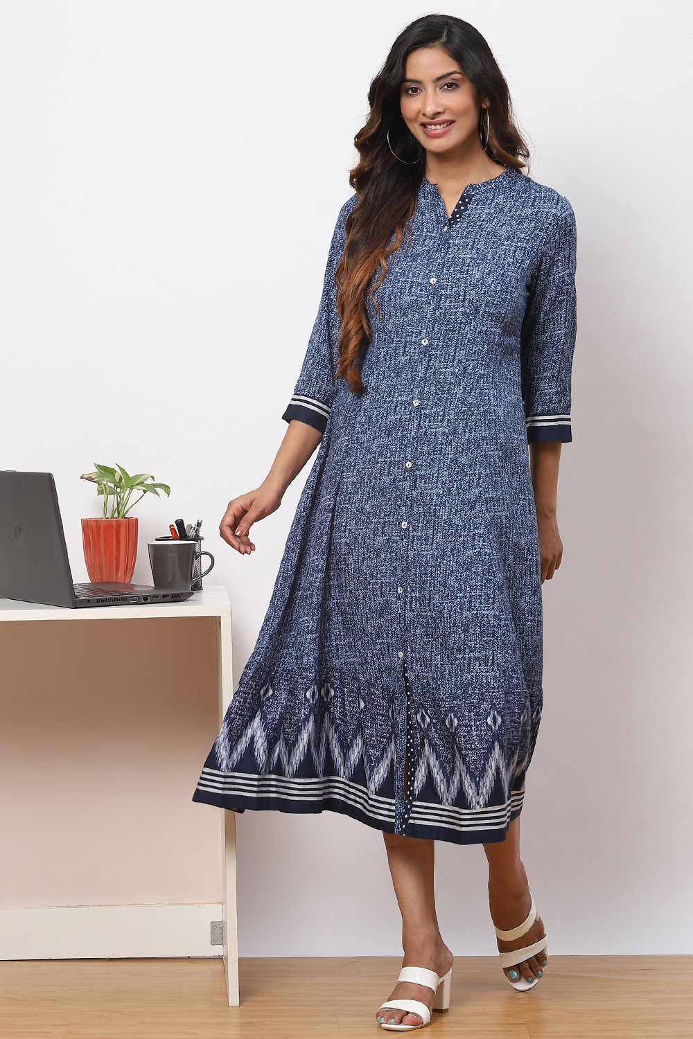 Indigo LIVA A-Line Printed Kurta Dress image number 0