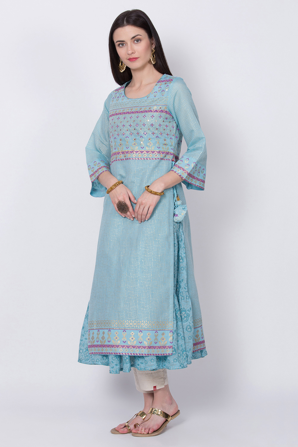 Blue Art Silk Flared Printed Kurta image number 4