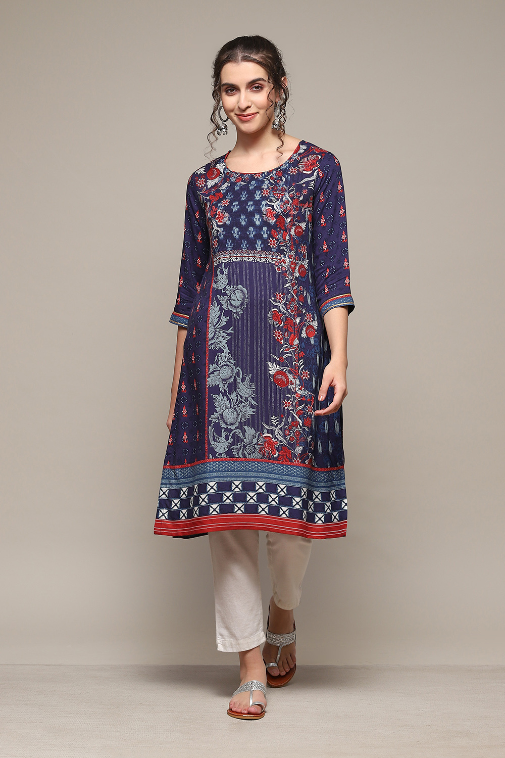 Navy LIVA Straight Printed Kurta image number 5