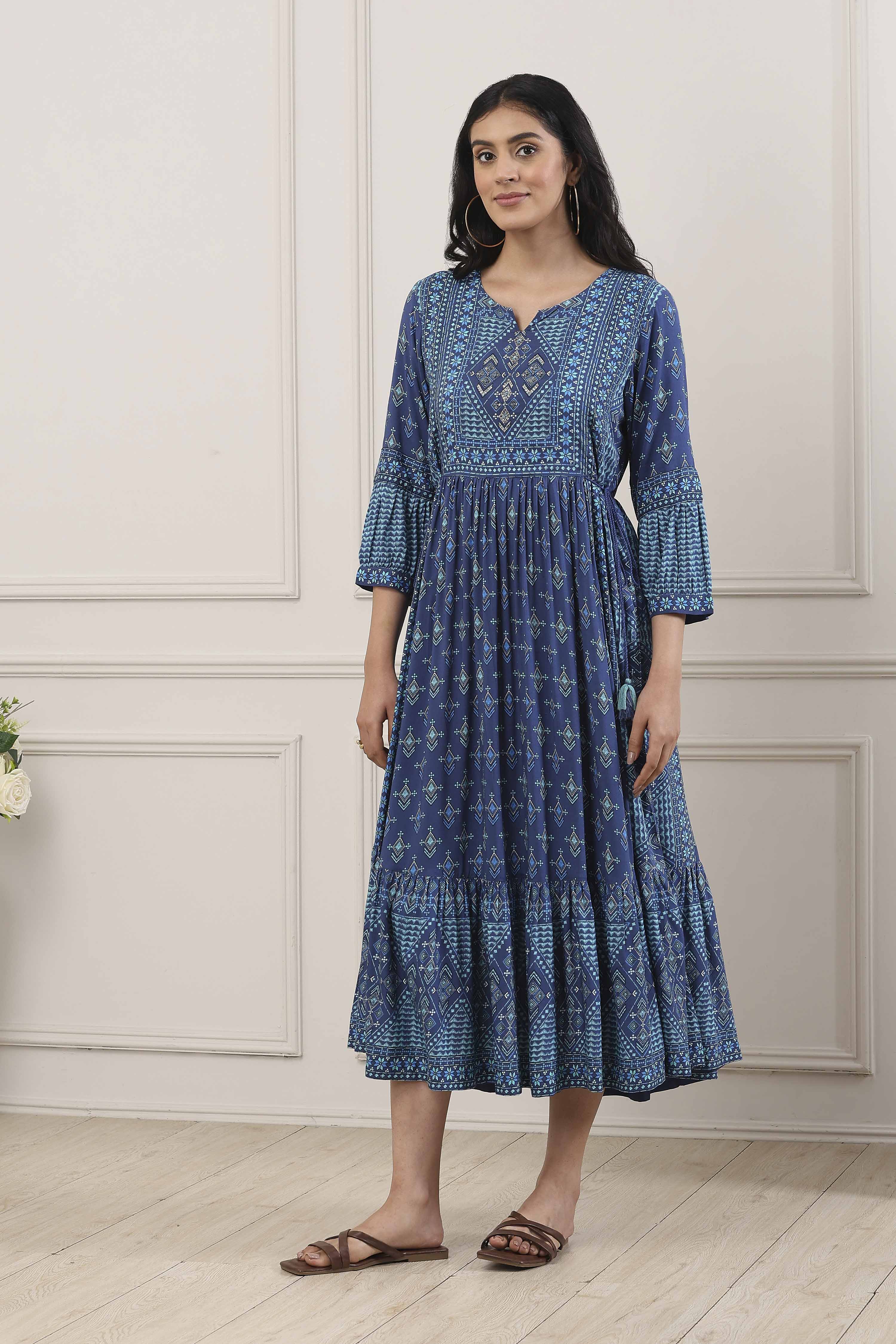 Indigo Ethnic Motifs Flared Midi Dress image number 2
