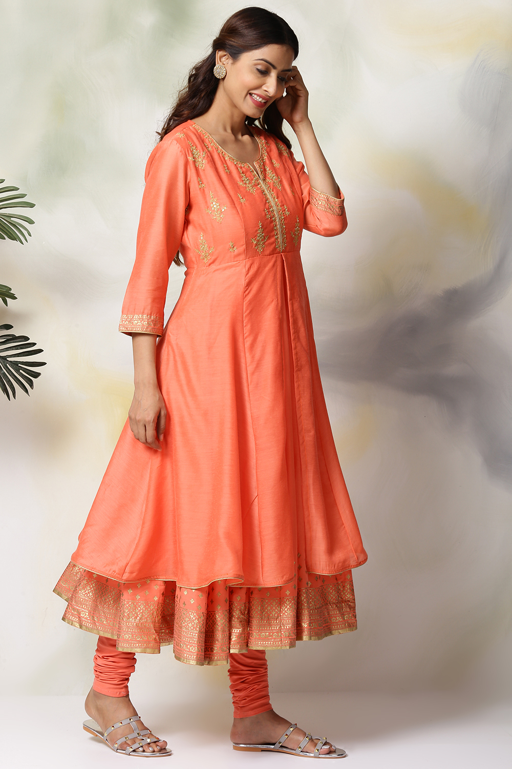 Coral Cotton Blend Anarkali Kurta Churidar Suit Set image number 5