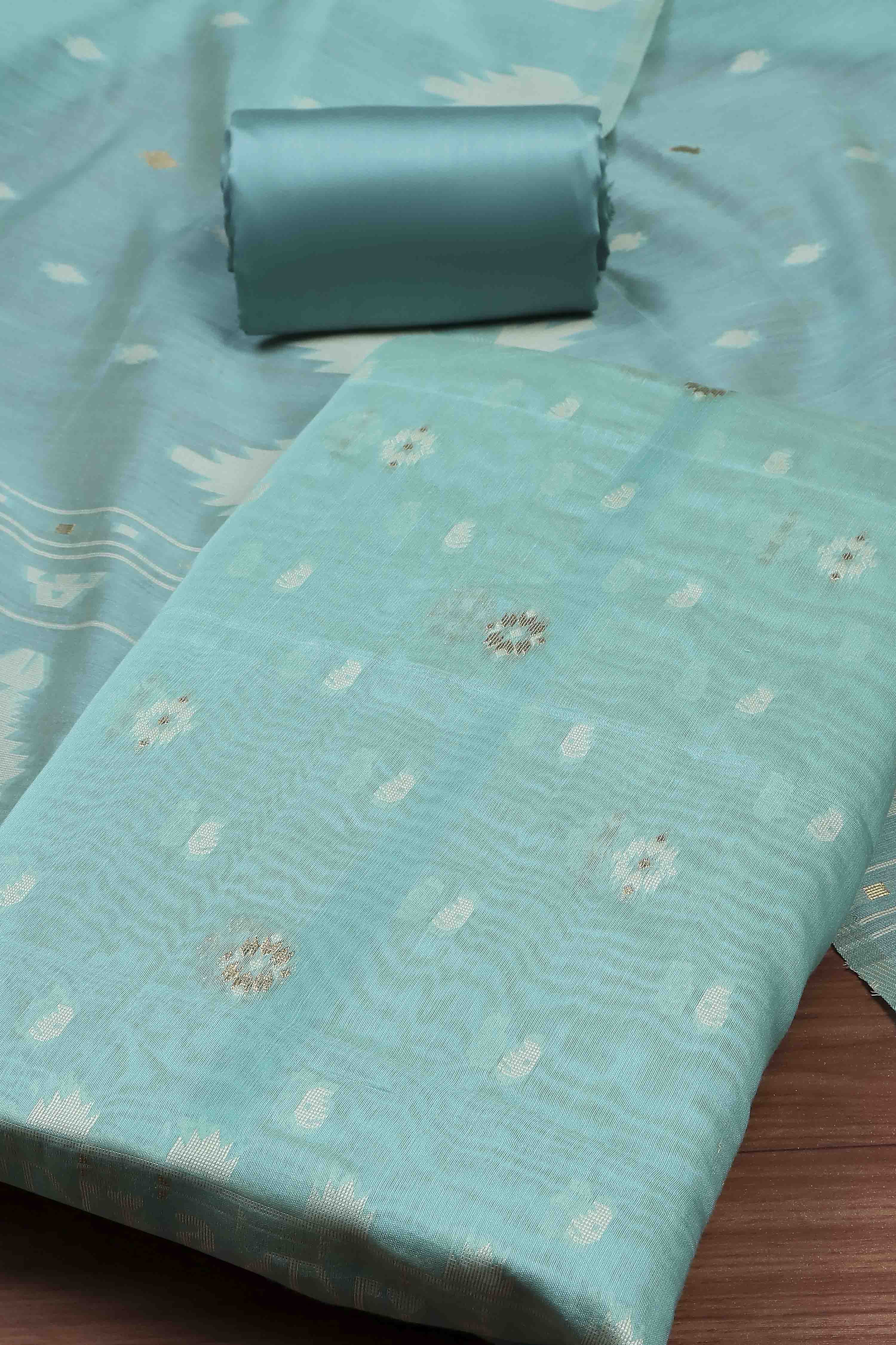 Light Blue Cotton Jamdani Unstitched Suit Set image number 1