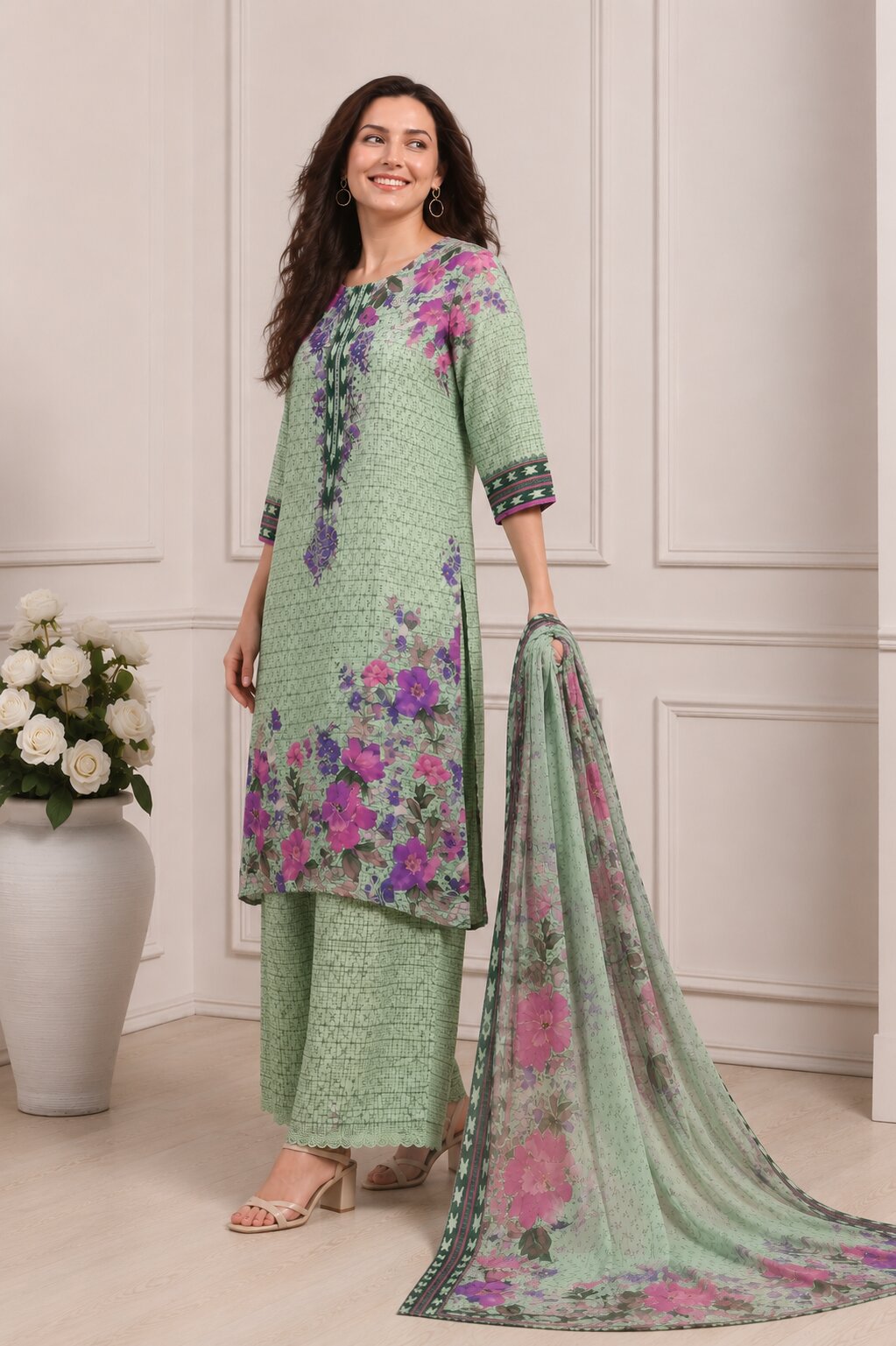 Purple Rayon Printed Straight Suit Set image number 3