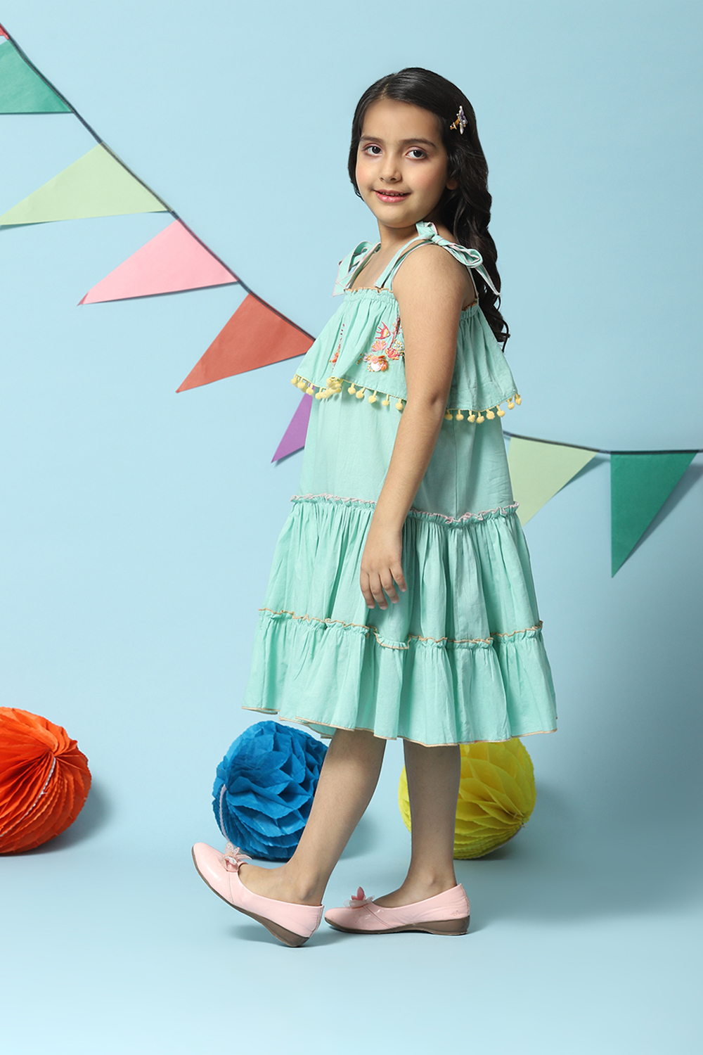 Sea Green Cotton Tiered Dress image number 2