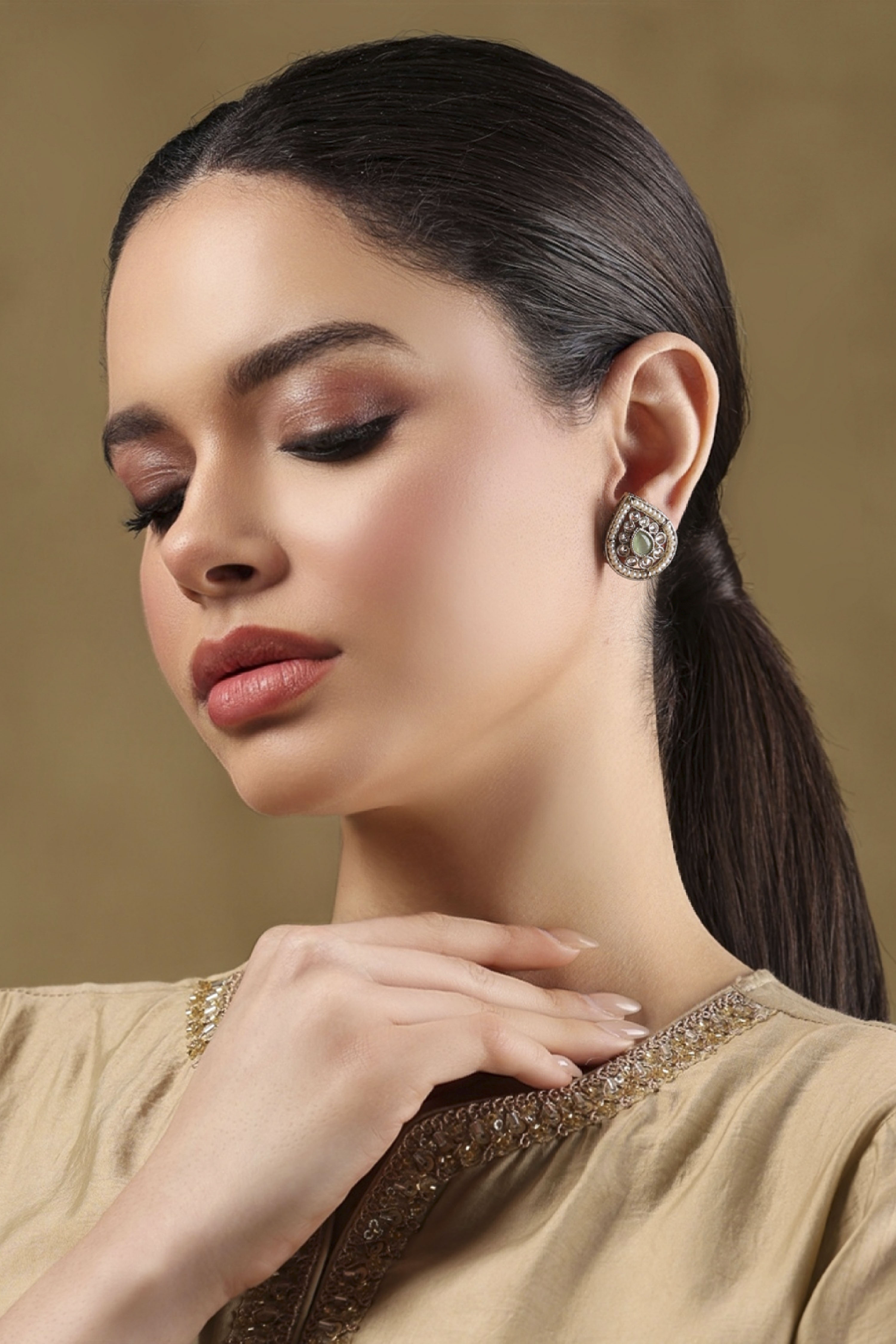 Mint Green Gold Plated Alloy Embellished Studs image number 3