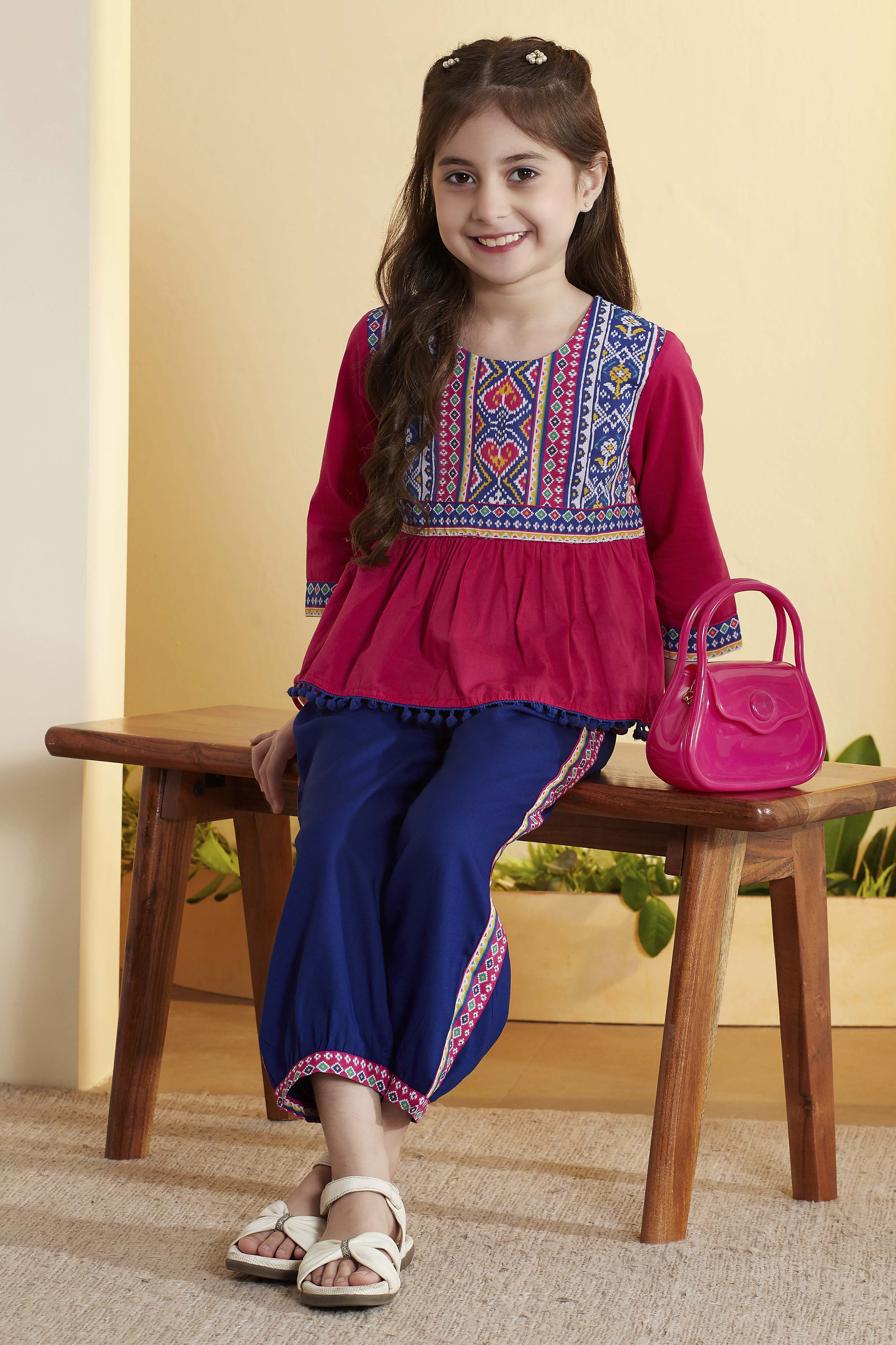 Pink Cotton Printed Gathered Kurta Pants Set image number 0
