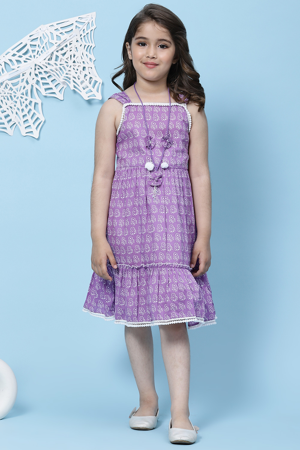 Purple Cotton A-Line Printed Dress image number 0