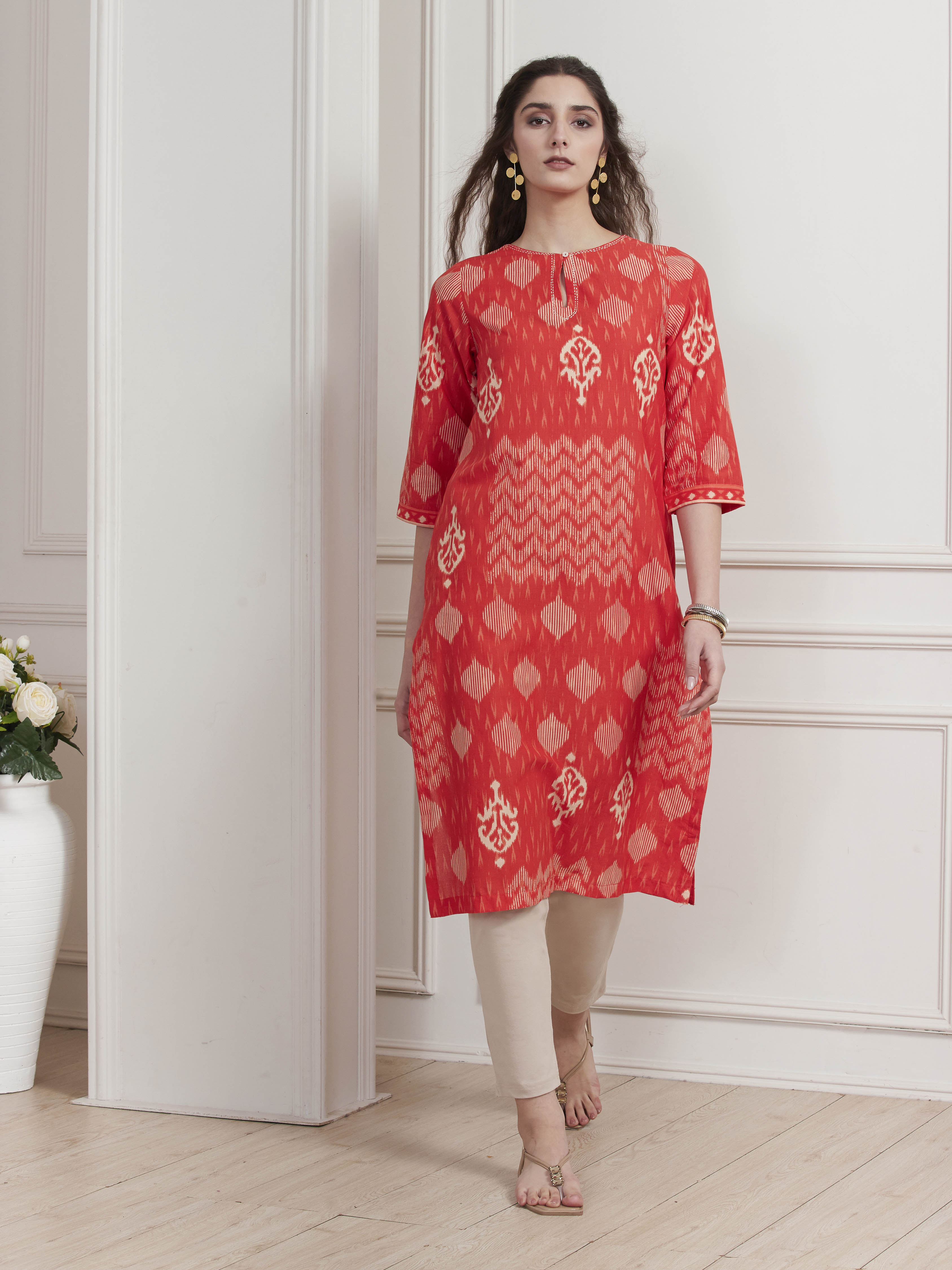 Orange Cotton Printed Straight Kurta image number 0