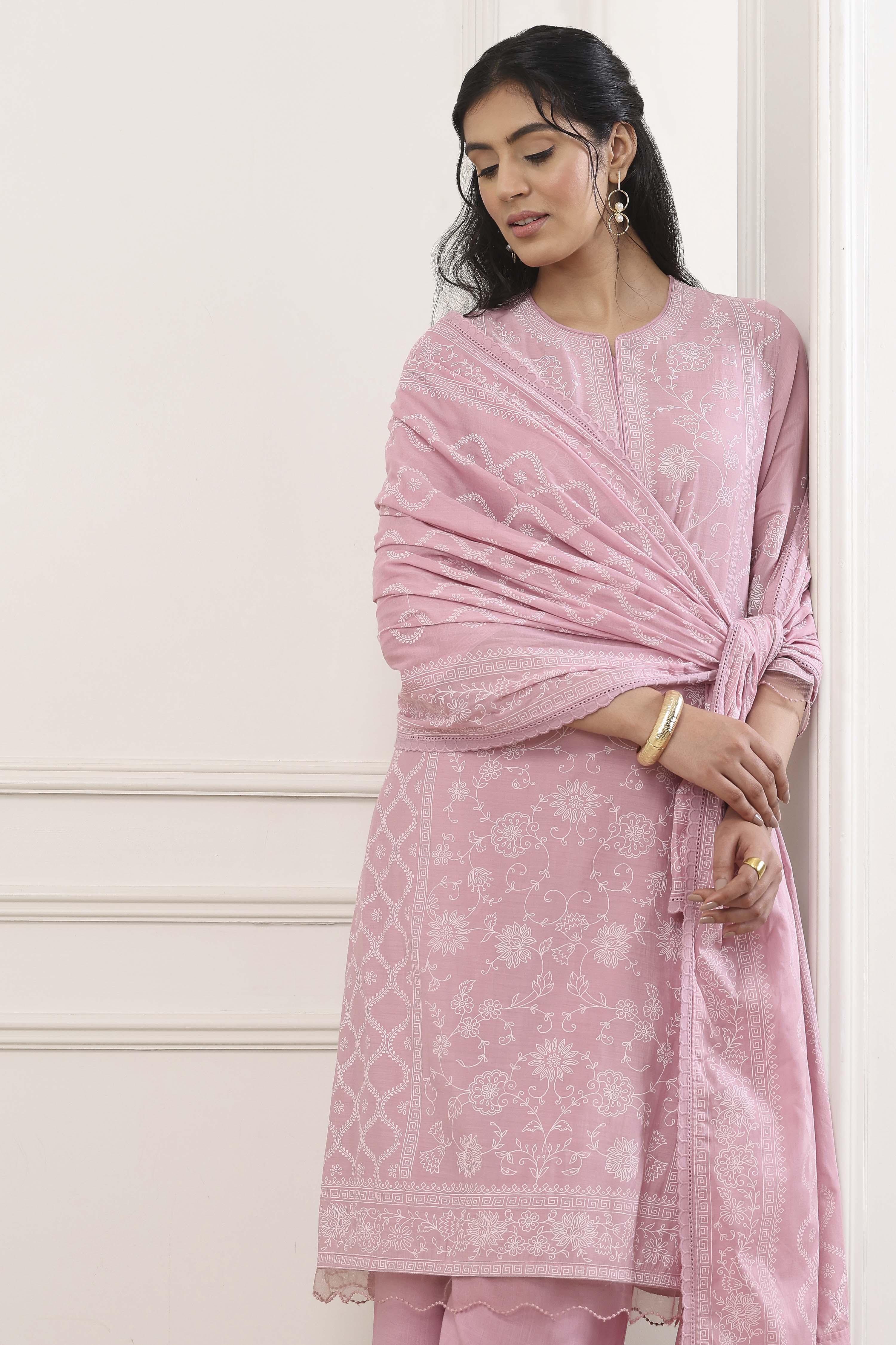 Pink Chanderi Lace Trim Floral Straight Suit Set image number 8