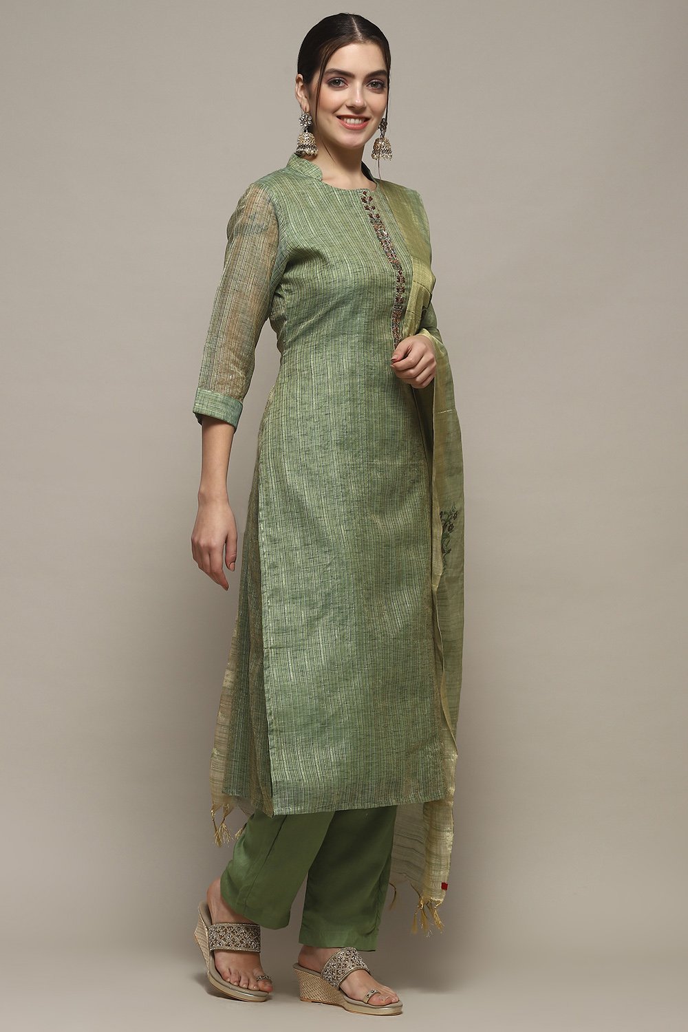 Earthy Yellow Chanderi Unstitched Suit set image number 6