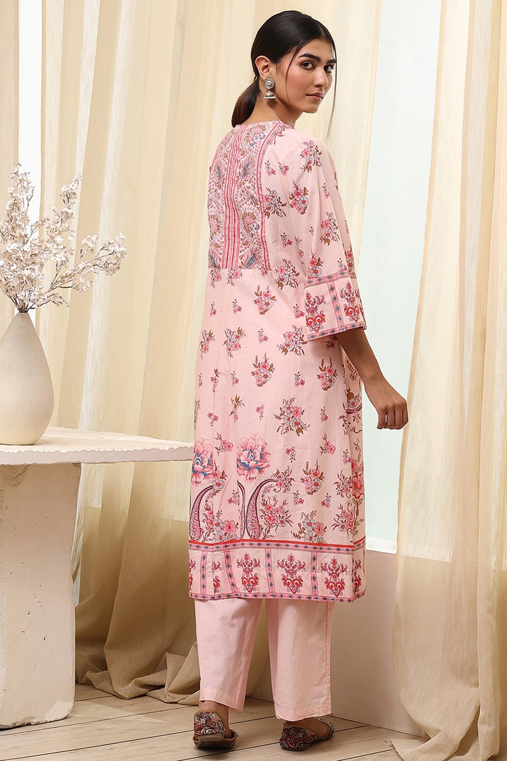 Peach-Colored Cotton Floral A-Line Kurta Set image number 4