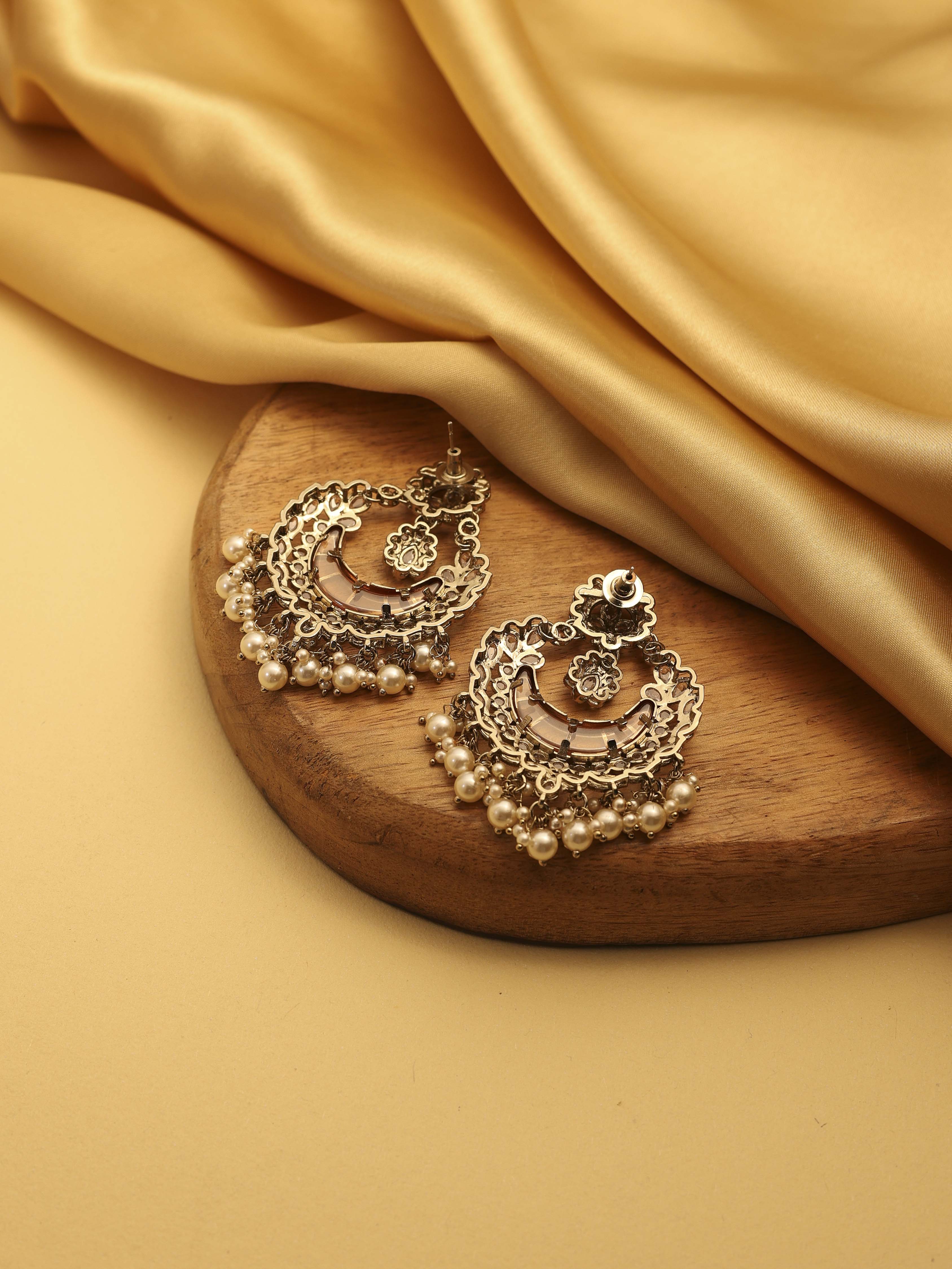 Peach Pearl Gold Plated Brass Chandbali image number 2