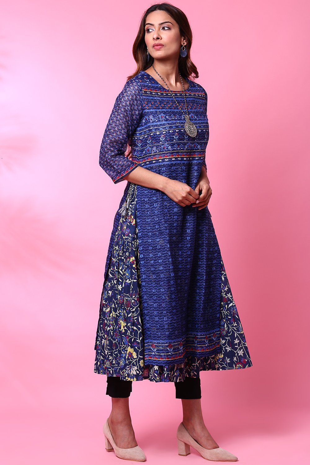 Indigo Art Silk Double Printed Kurta image number 3