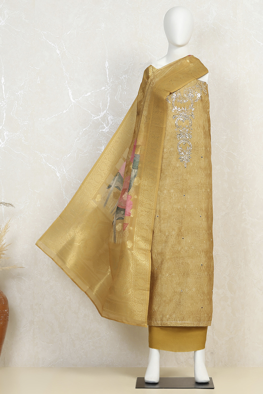 Coral Chanderi Printed Unstitched Suit Set image number 4