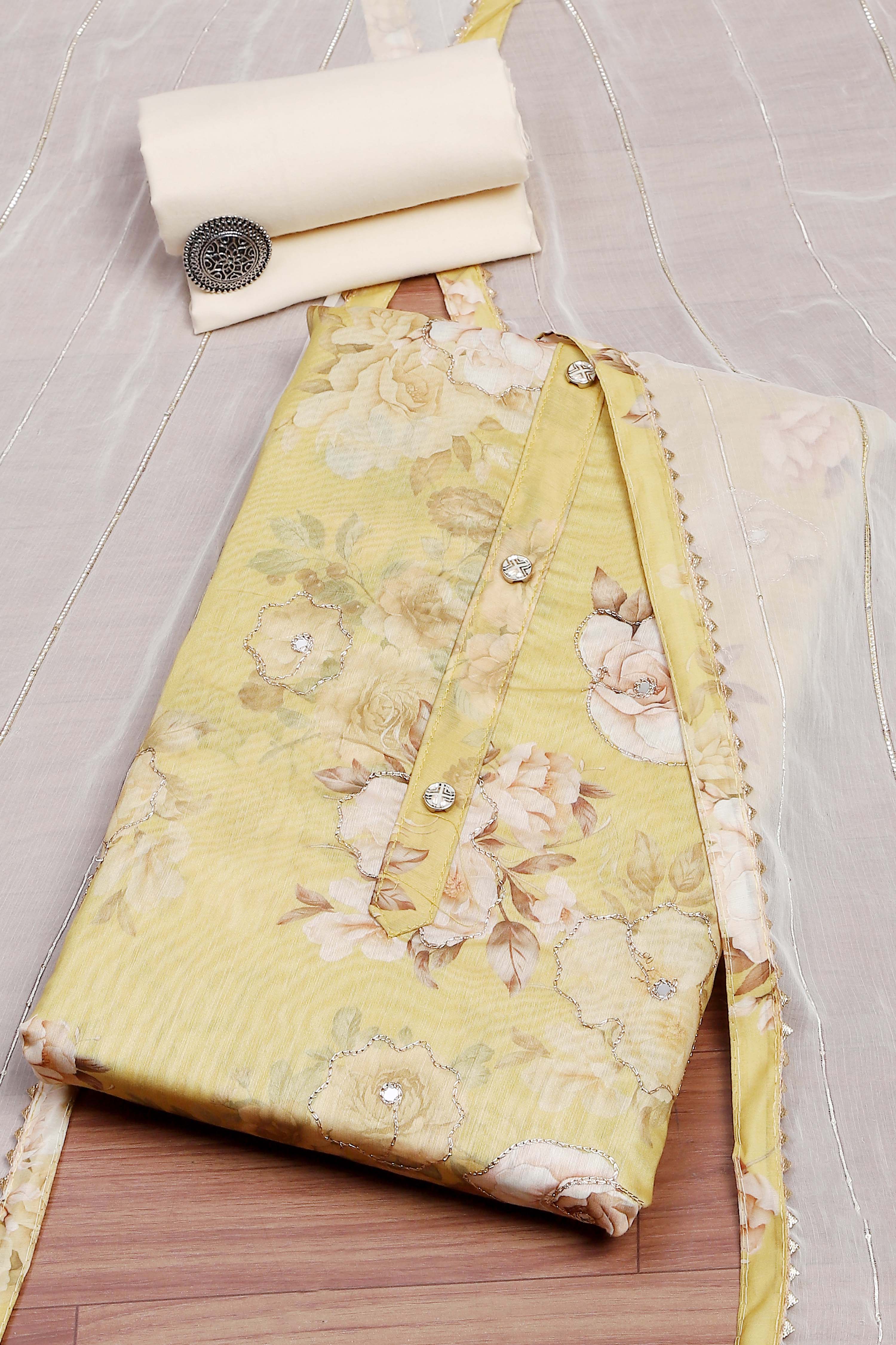 Mustard Chanderi  Printed Unstitched Suit Set image number 0