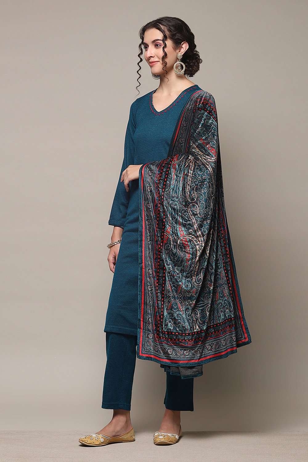 Peacock Blue Acrylic Straight Kurta Pants Suit Set image number 5