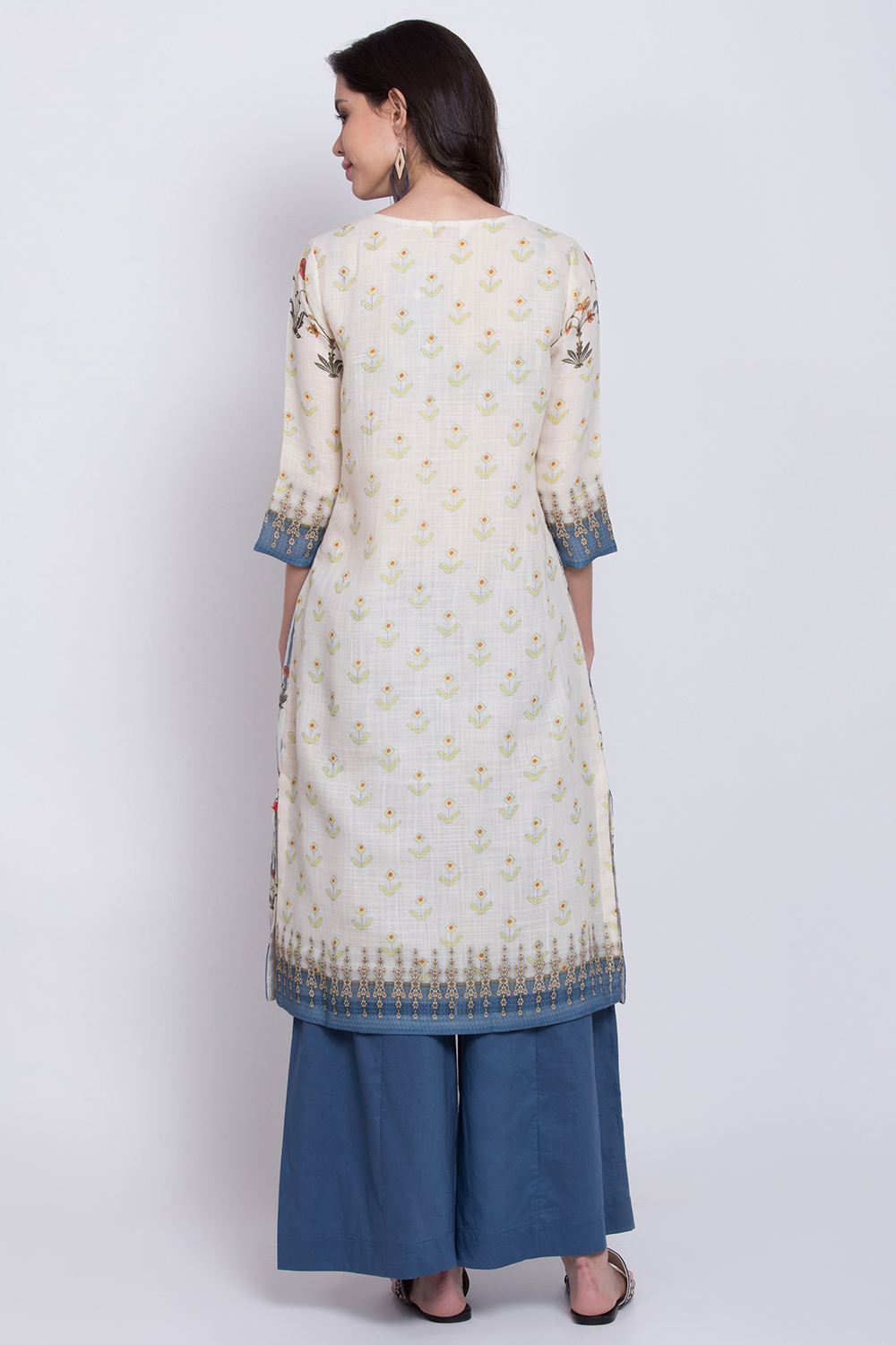 Cream And Indigo Art Silk Straight Kurta Flared Palazzo Suit Set image number 5