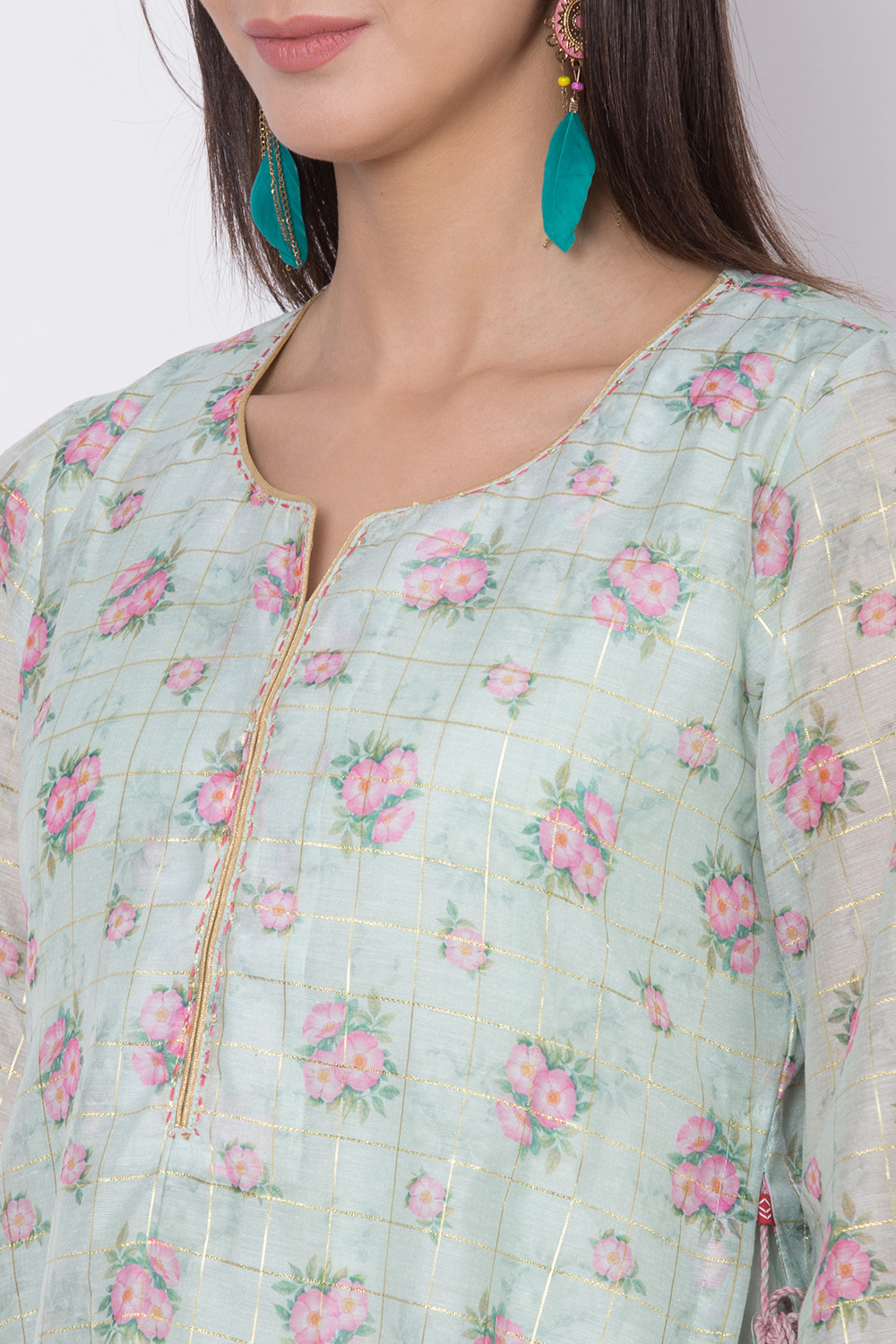 Mint Green Poly Metallic Cotton Flared Printed Kurta image number 1