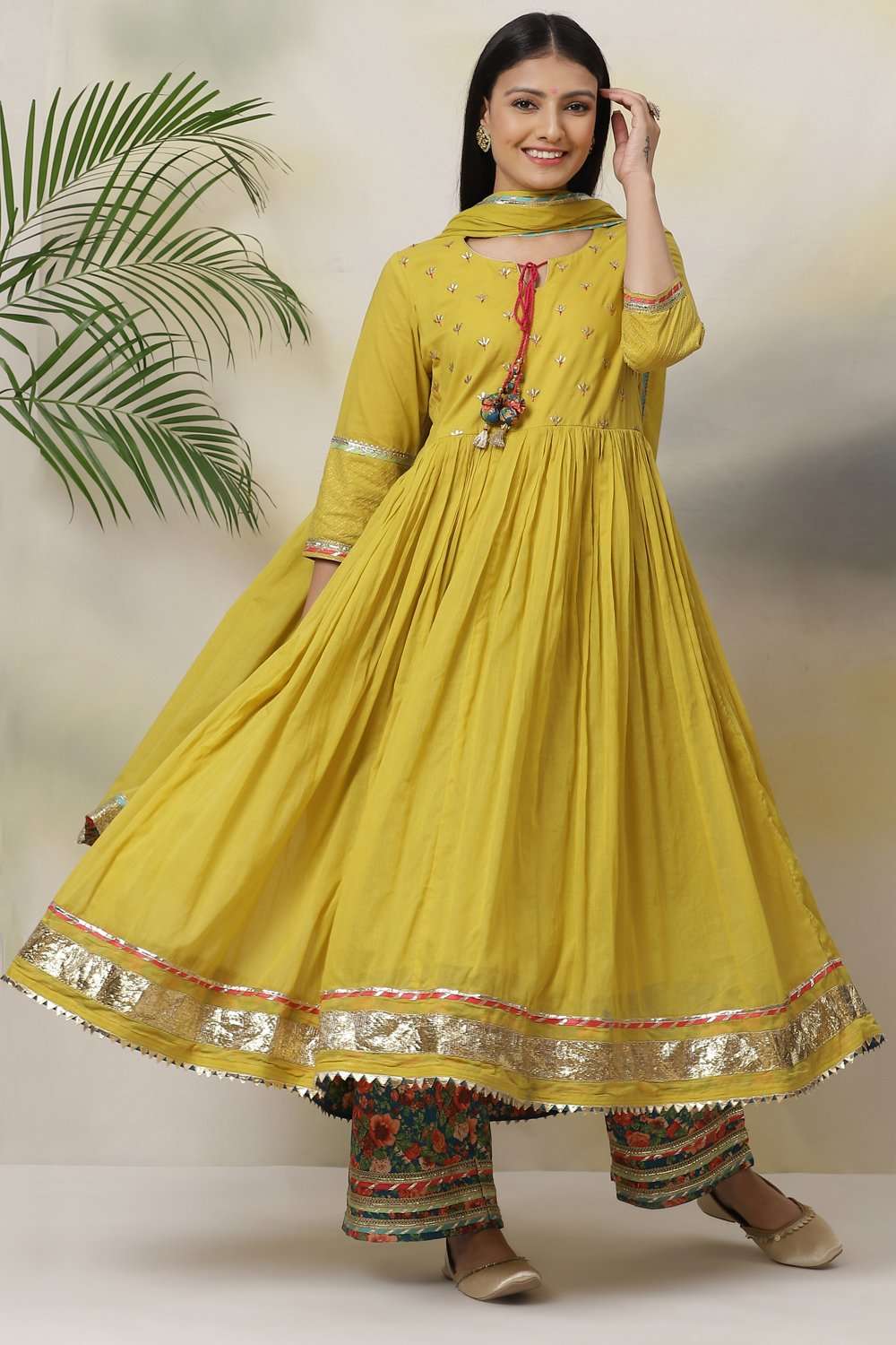 Lime Green Cotton Anarkali Kurta Palazzo Suit Set image number 0