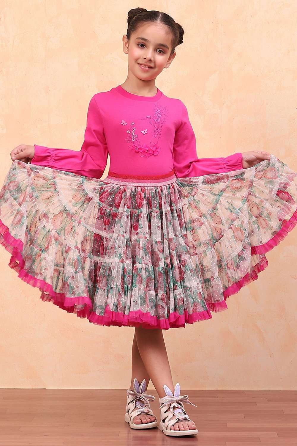 Pink Cotton Floral Top and Short Skirt Set image number 6